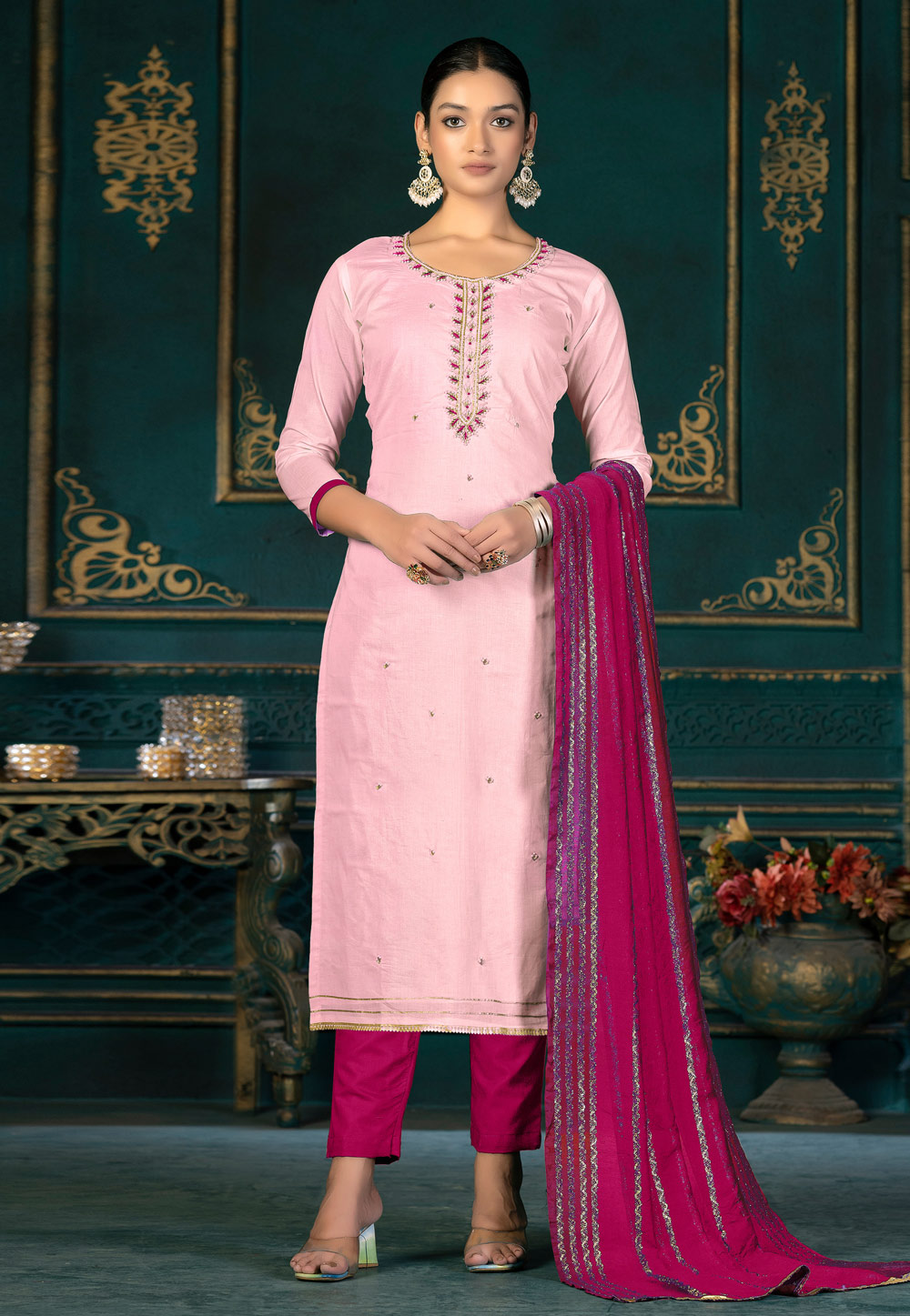 Pink Cambric Cotton Pant Style Suit 268710