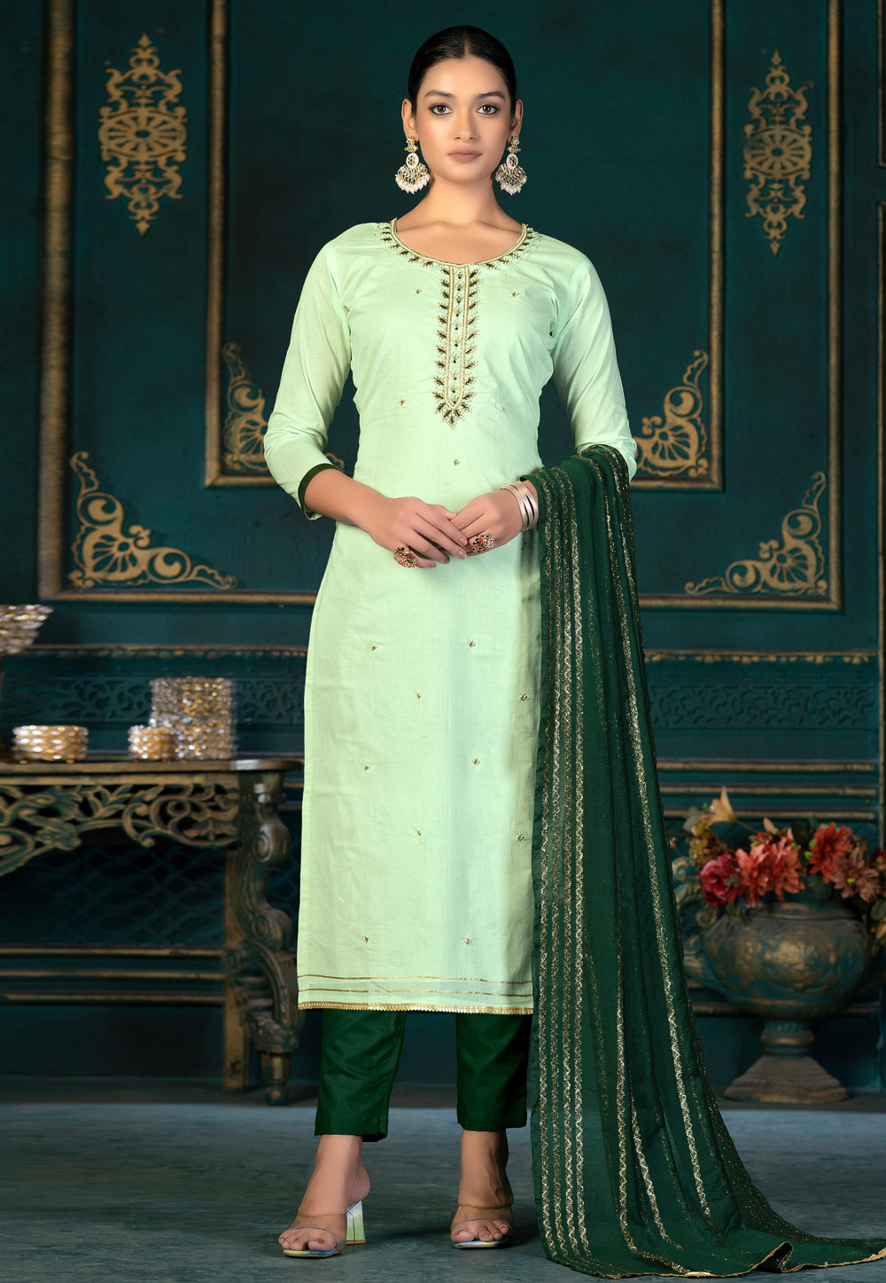 Pista Green Cambric Cotton Pakistani Suit 268711