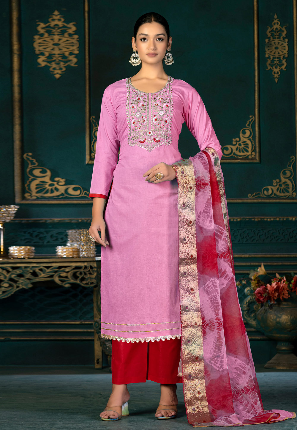 Pink Cambric Cotton Pant Style Suit 268712