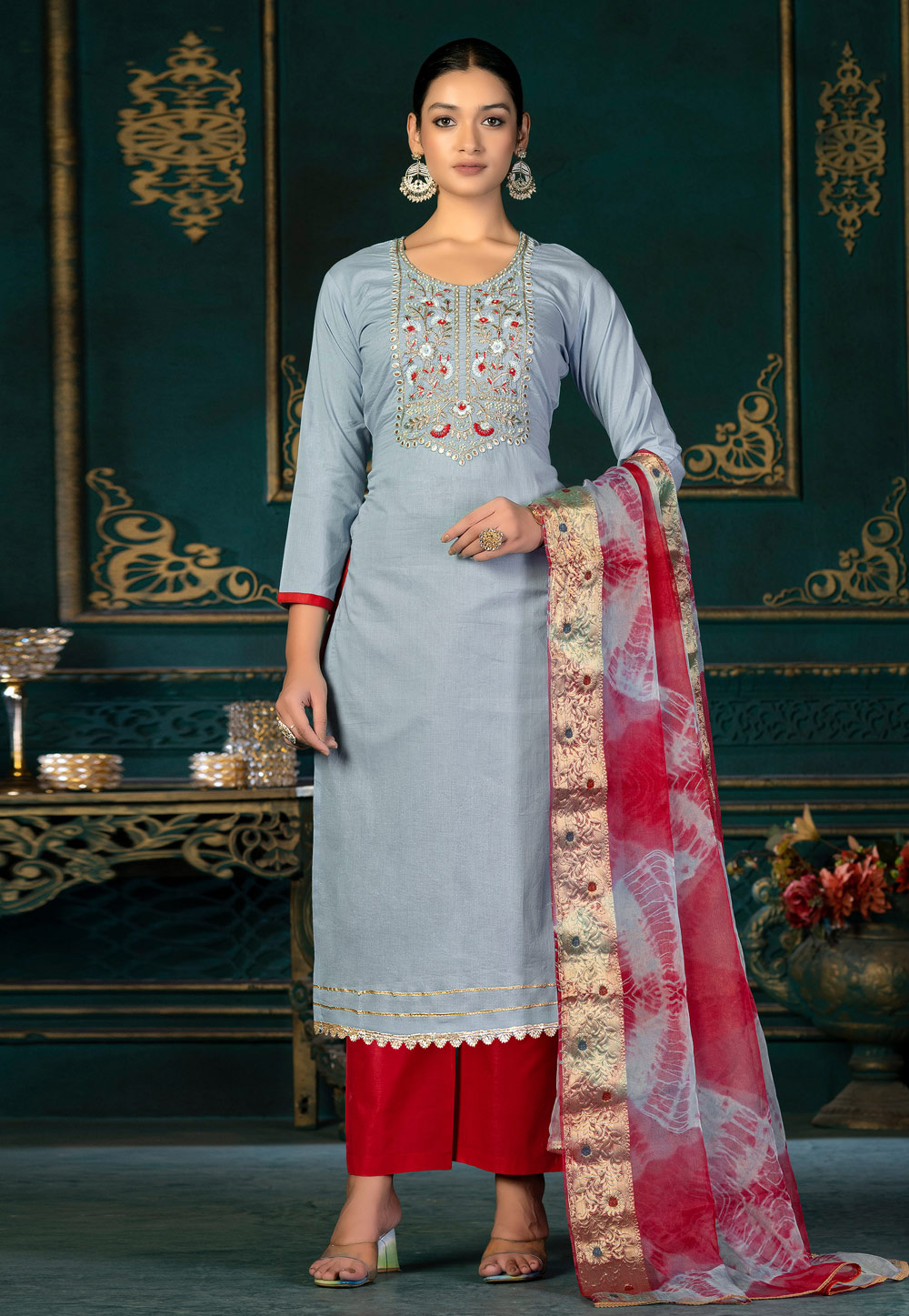Grey Cambric Cotton Pakistani Suit 268713