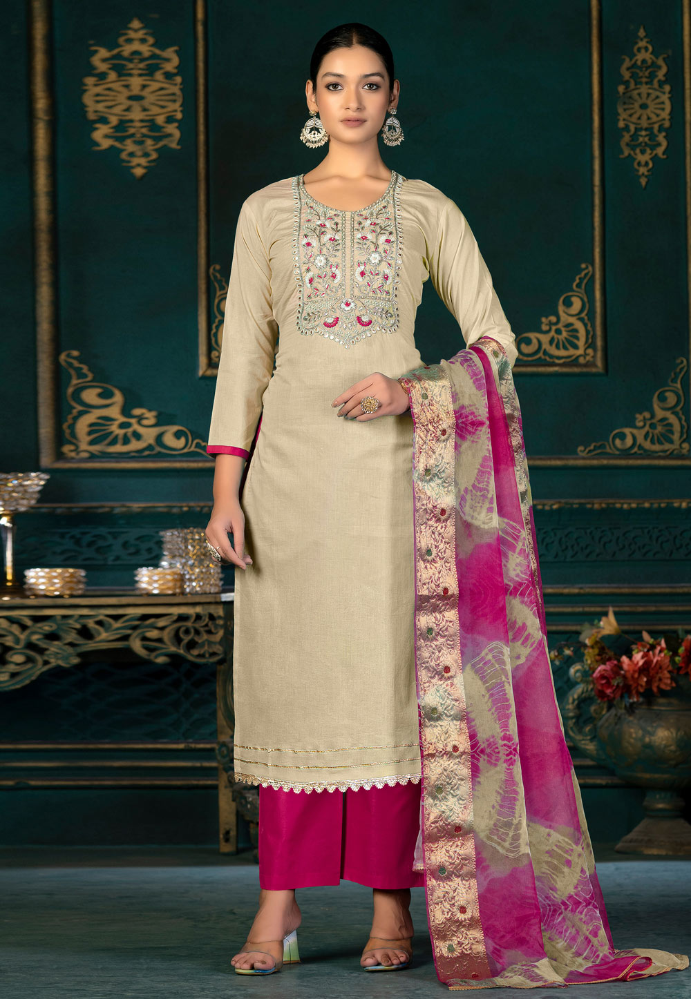 Beige Cambric Cotton Pakistani Suit 268715