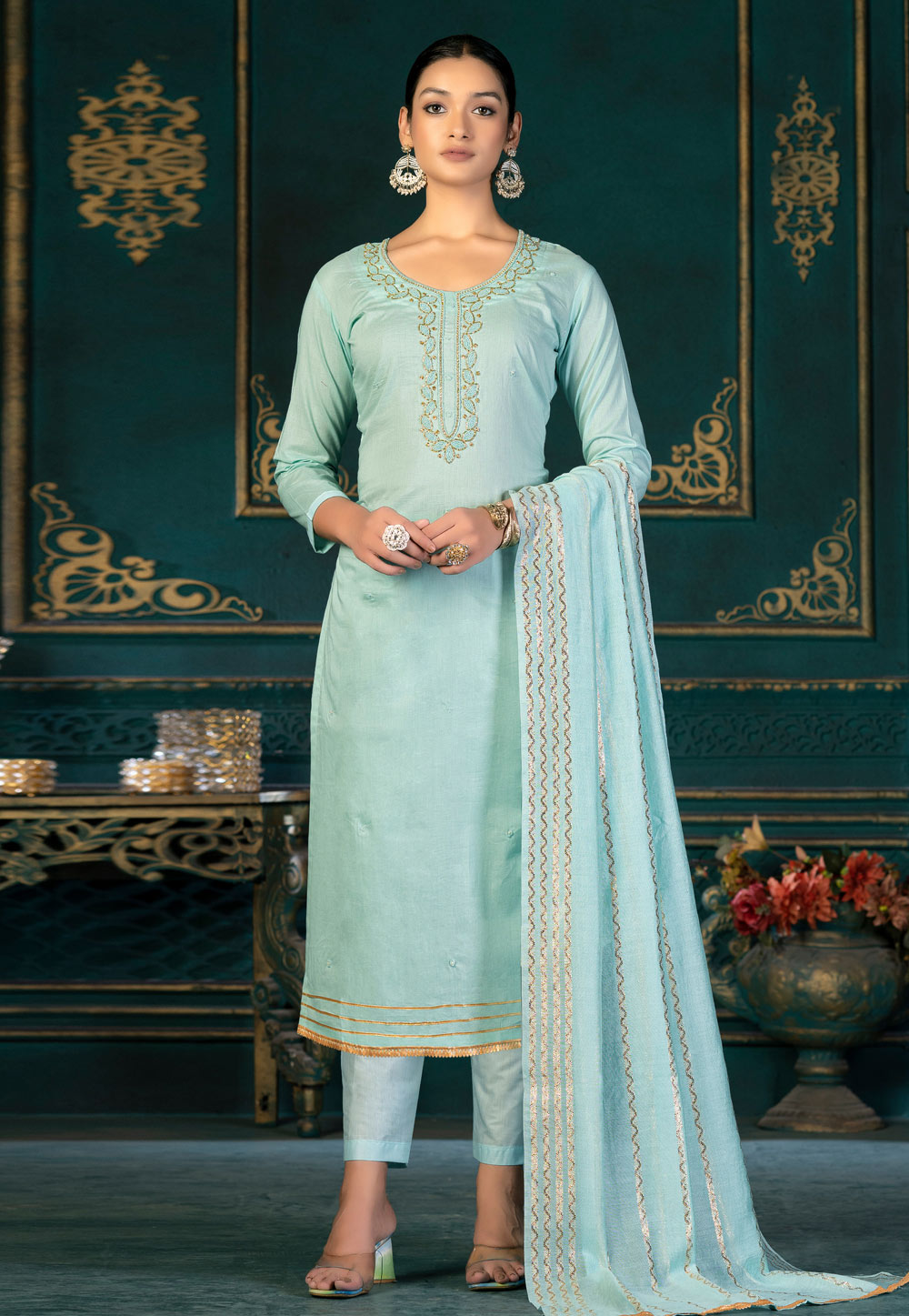 Sky Blue Cambric Cotton Pakistani Suit 268719