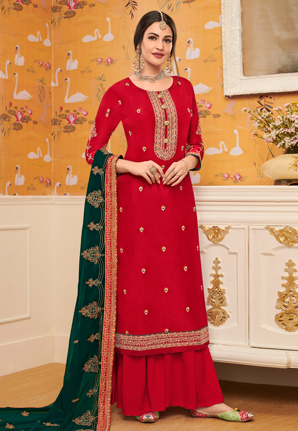 Red Viscose Kameez With Palazzo 194448