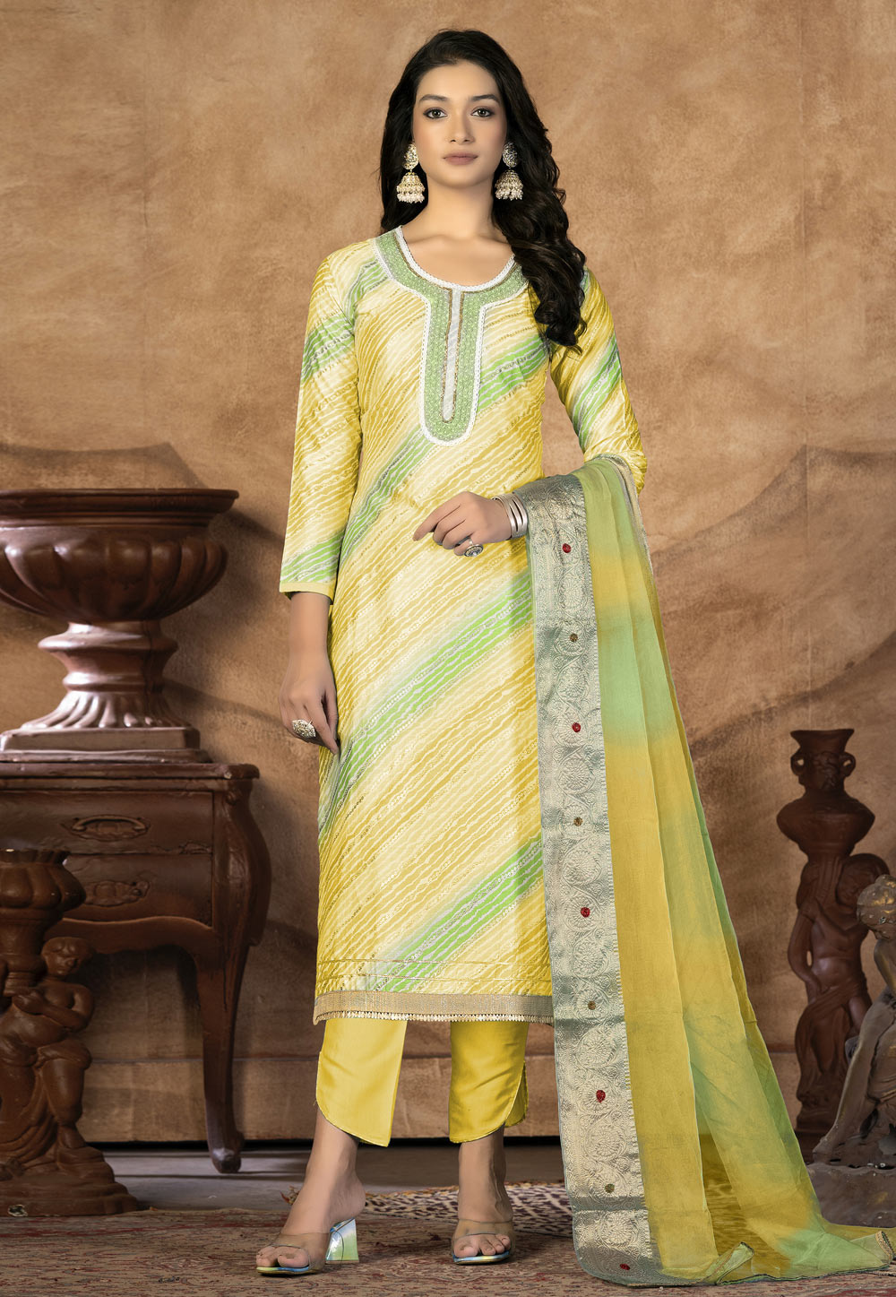 Yellow Cotton Pant Style Suit 268732
