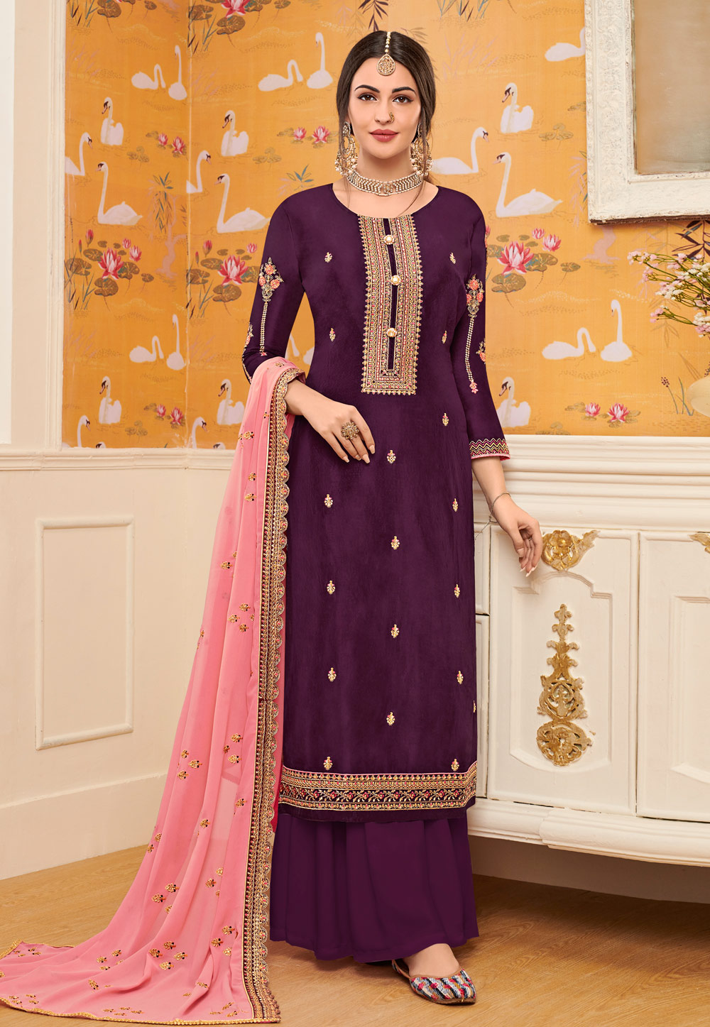 Purple Viscose Embroidered Palazzo Suit 194449