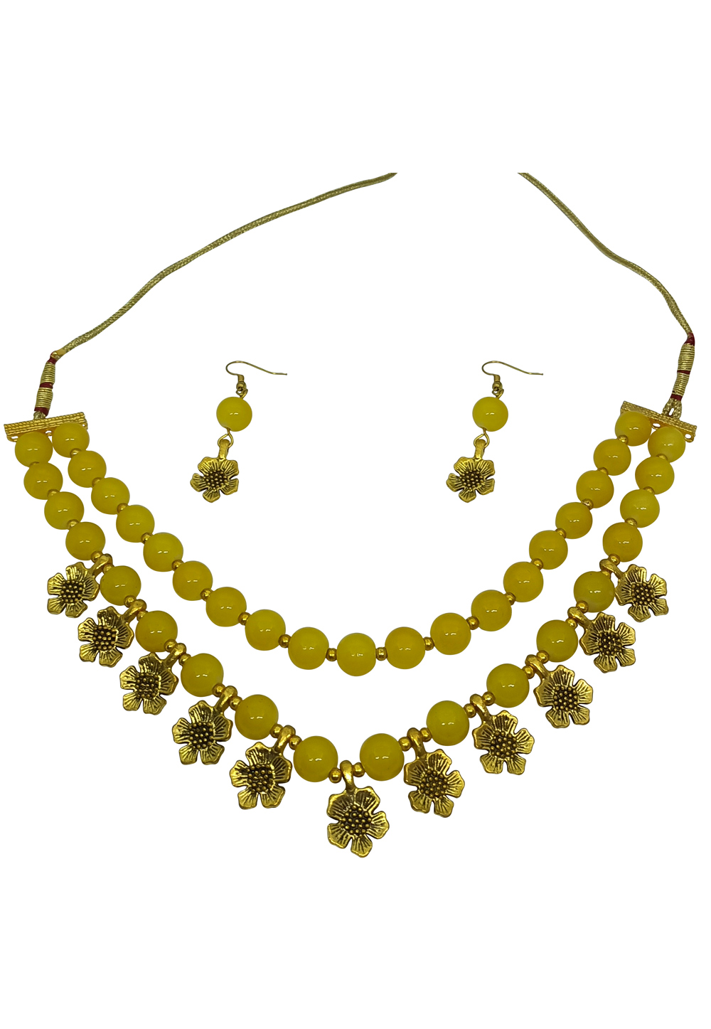 Yellow Alloy Austrian Diamond Necklace Set With Earrings 251308