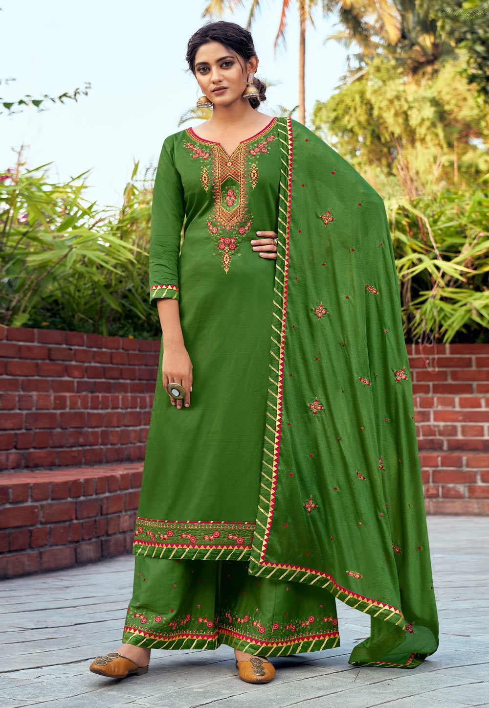 Green Silk Cotton Kameez With Palazzo 218756