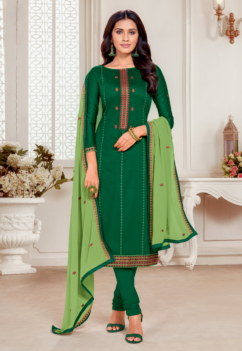 Green Silk Cotton Churidar Suit 218966