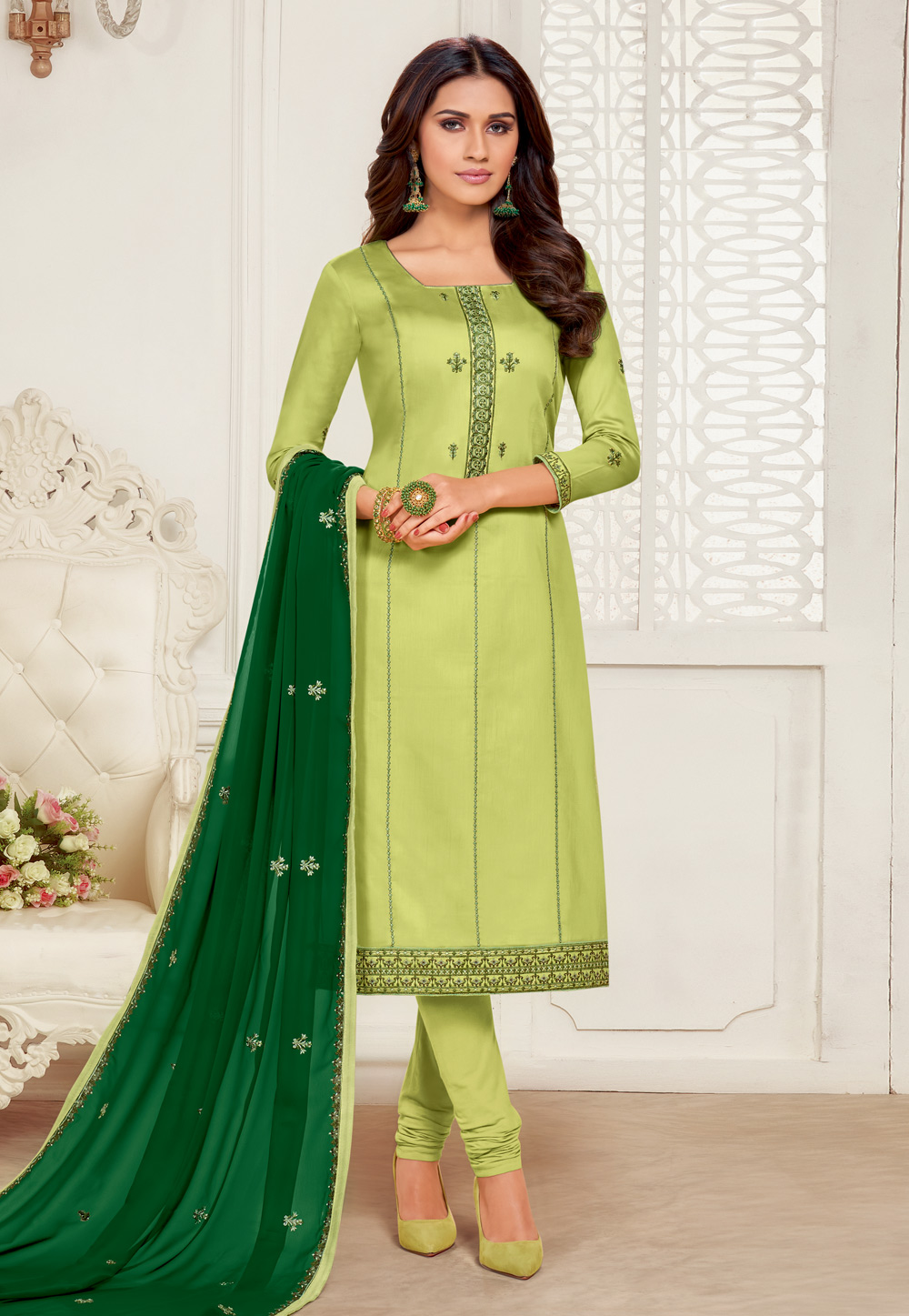 Light Green Silk Cotton Churidar Salwar Kameez 218969