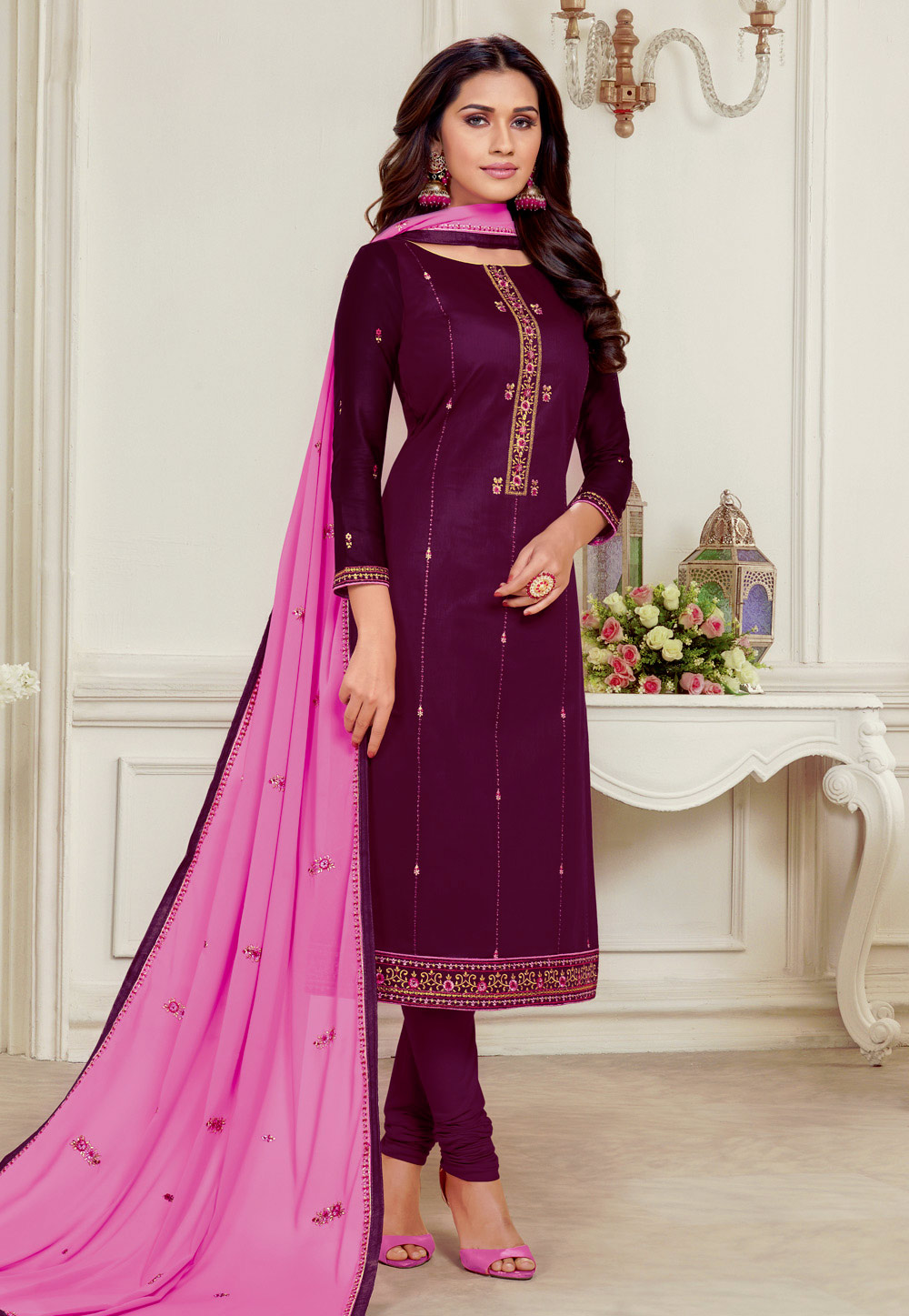 Purple Silk Cotton Churidar Suit 218970