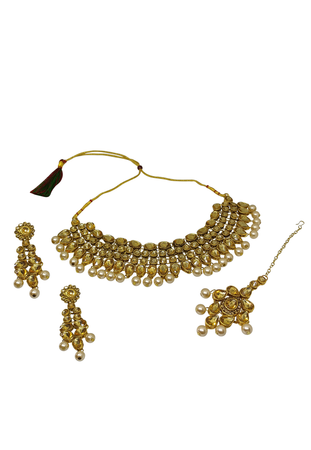Golden Alloy Austrian Diamond Necklace Set With Earrings and Maang Tikka 251319