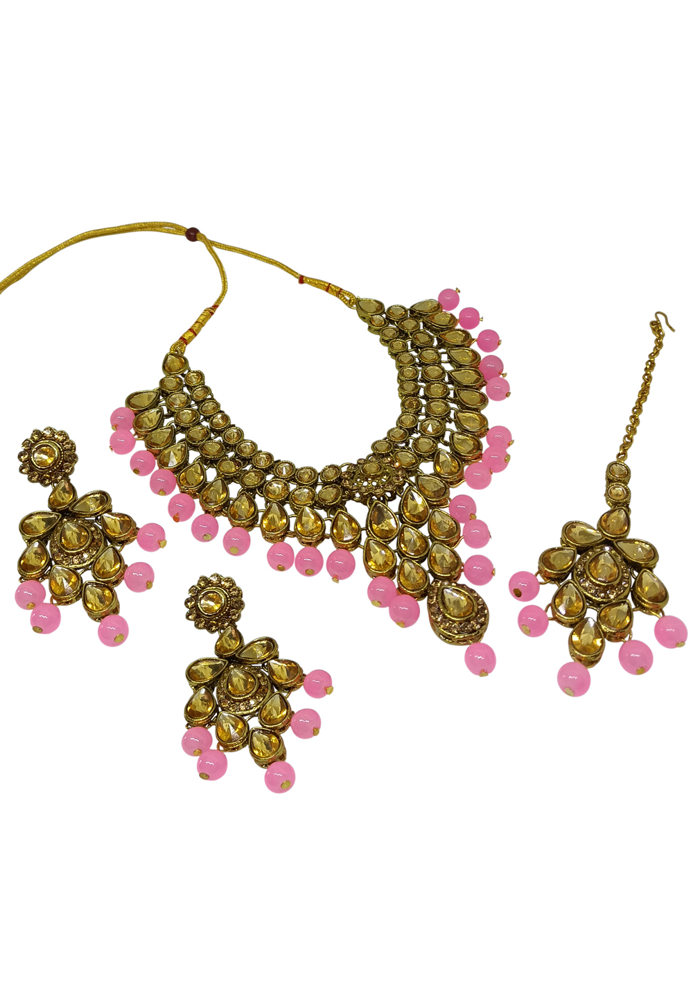 Pink Alloy Austrian Diamond Necklace Set With Earrings and Maang Tikka 251320