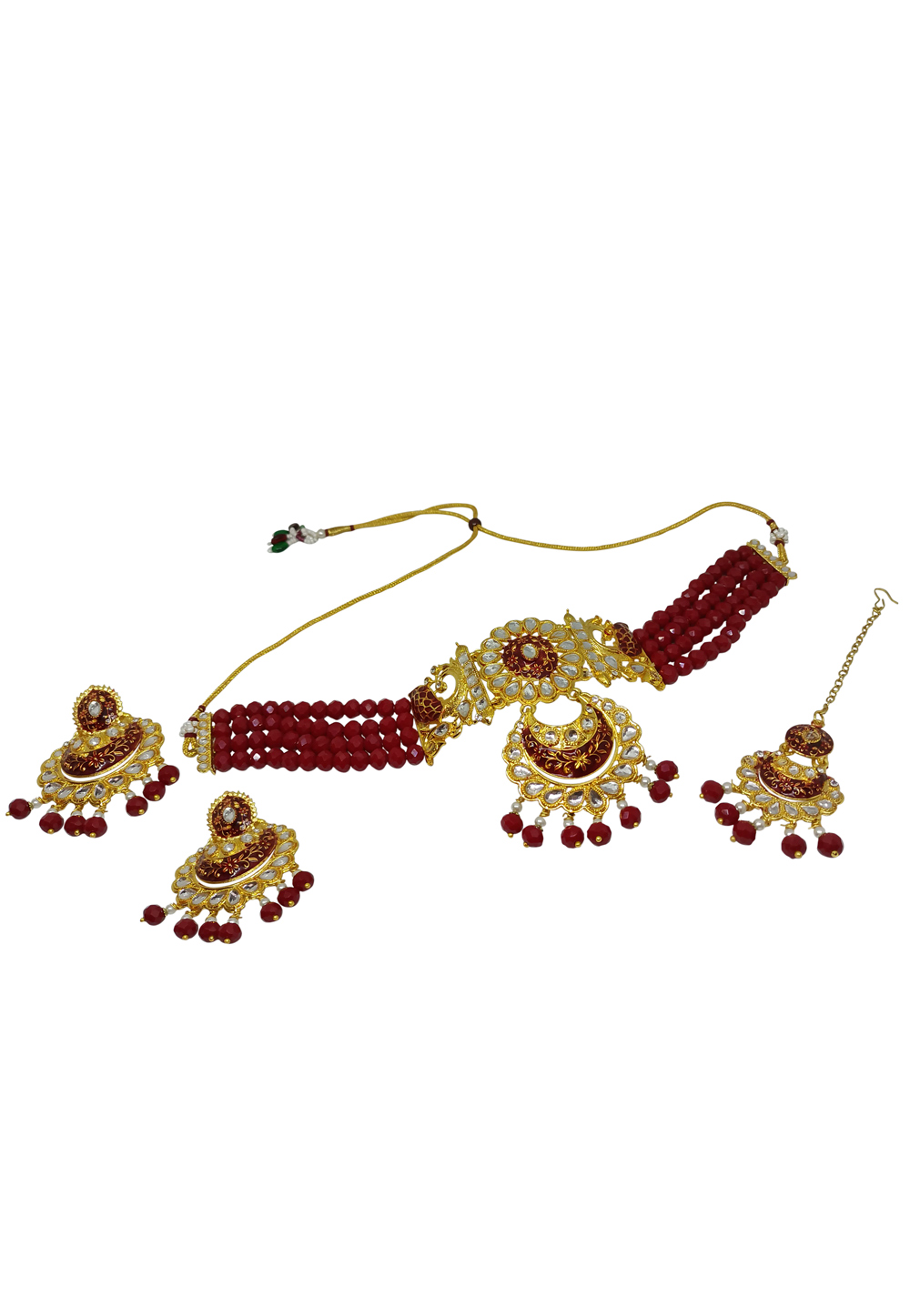 Maroon Alloy Austrian Diamond Necklace Set With Earrings and Maang Tikka 251321