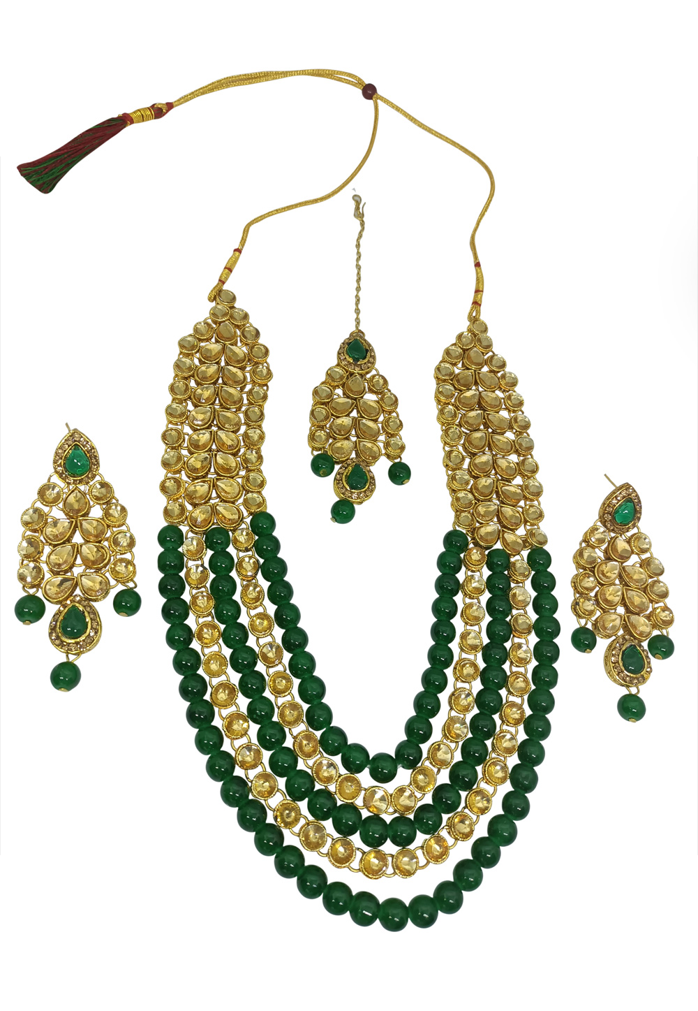 Green Alloy Austrian Diamond Necklace Set With Earrings and Maang Tikka 251325