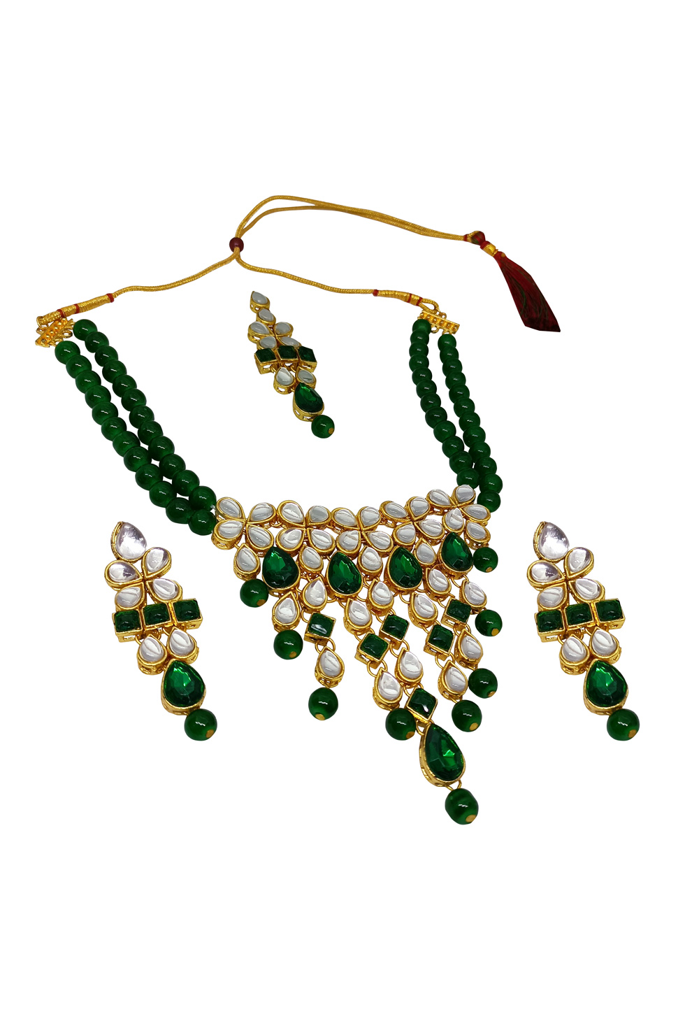 Green Alloy Austrian Diamond Necklace Set With Earrings and Maang Tikka 251326