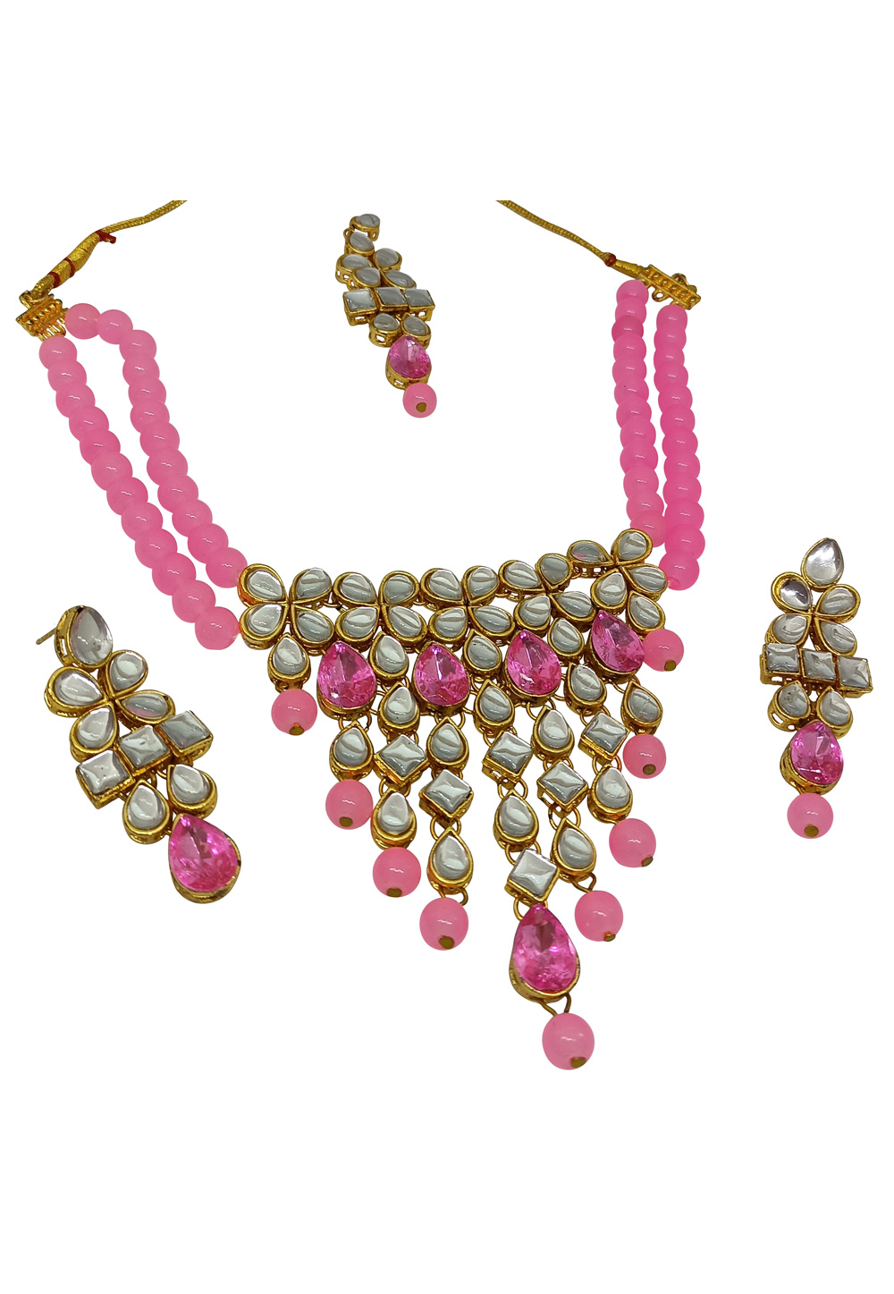 Pink Alloy Austrian Diamond Necklace Set With Earrings and Maang Tikka 251328