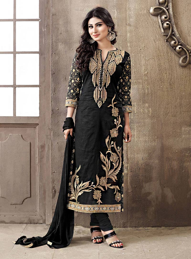 Mouni Roy Black Lawn Cotton Churidar Suit 71952