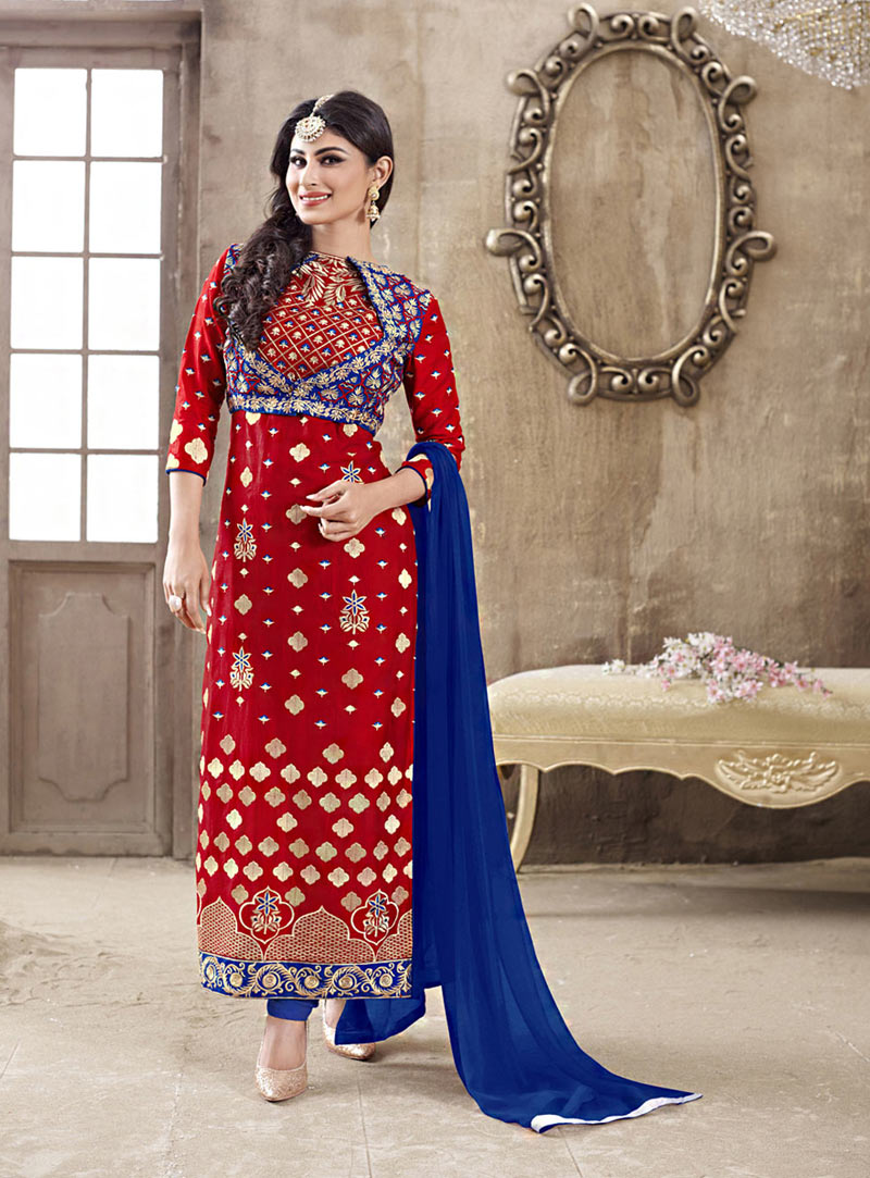 Mouni Roy Red Lawn Cotton Pakistani Style Suit 71956