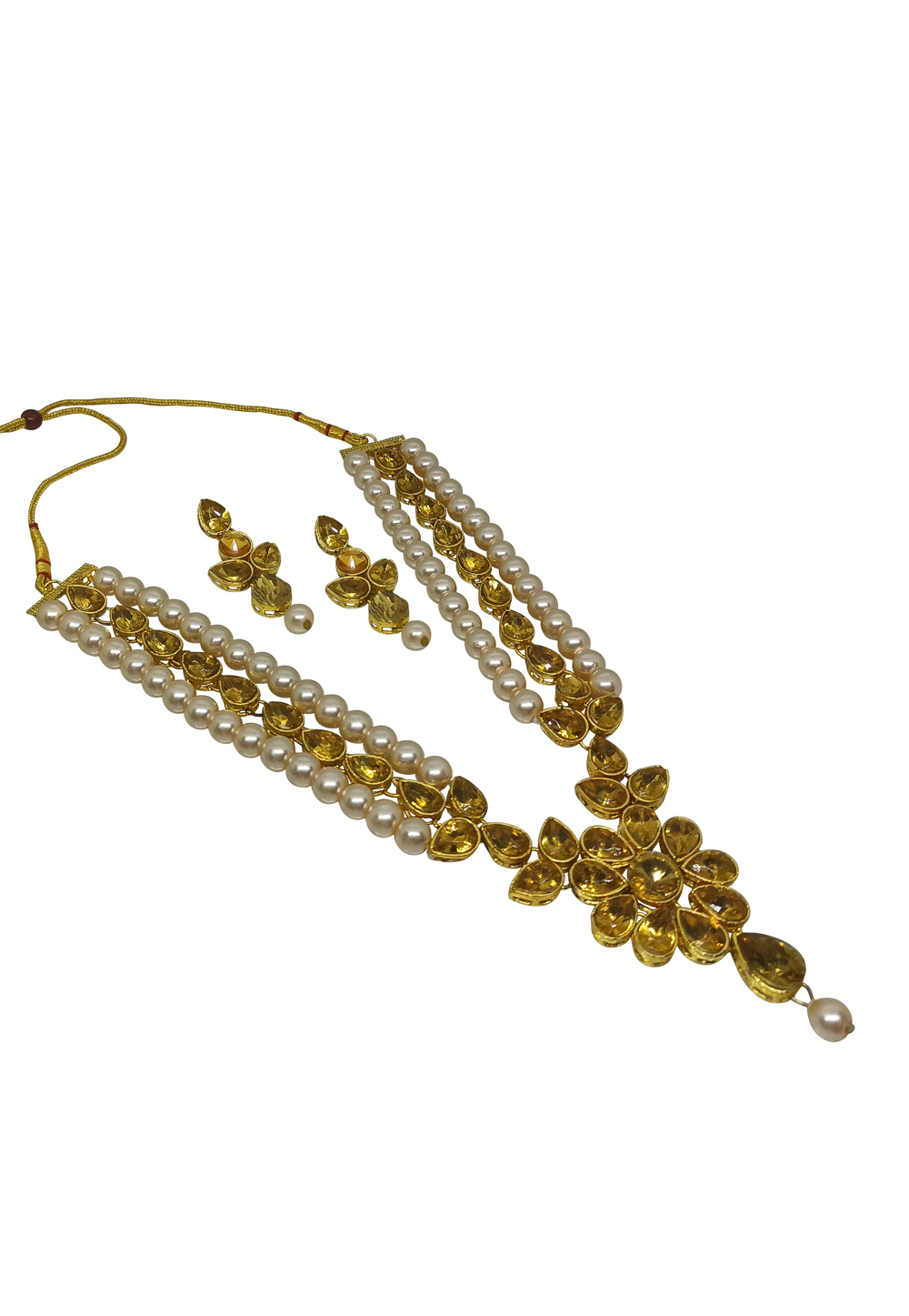 Golden Alloy Austrian Diamond Necklace Set With Earrings 251335