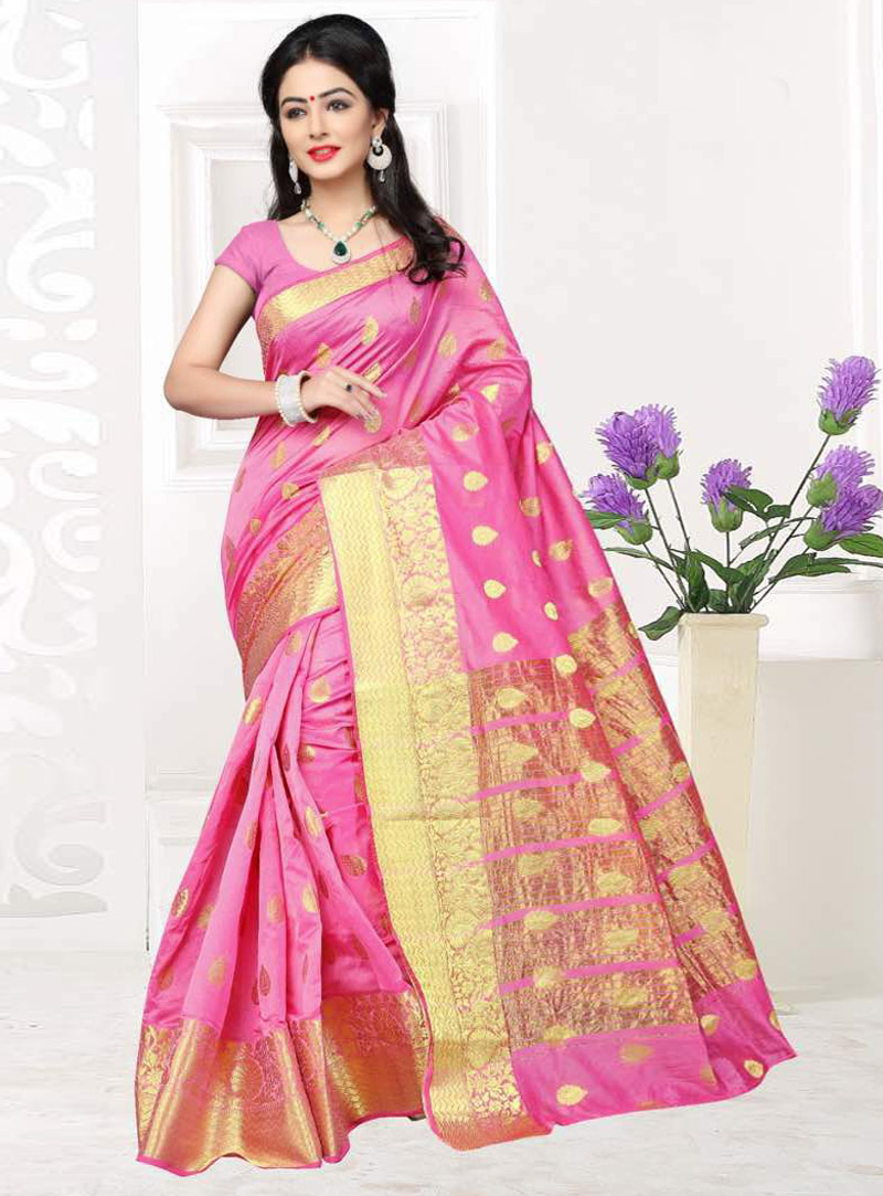 Pink Banarasi Silk Saree With Blouse 90300