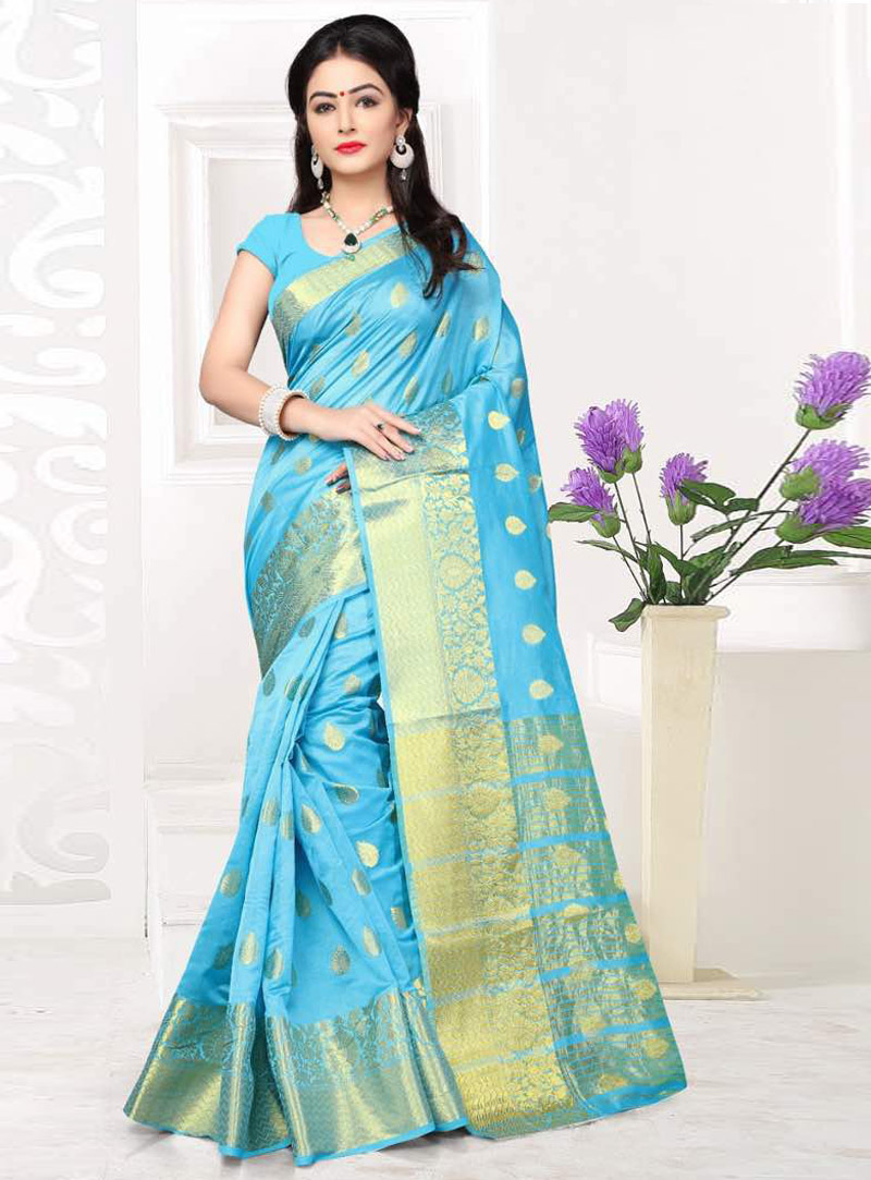 Sky Blue Banarasi Silk Saree With Blouse 90302