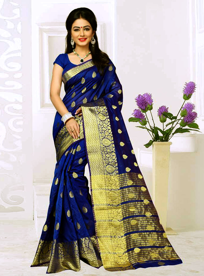 Blue Banarasi Silk Saree With Blouse 90304