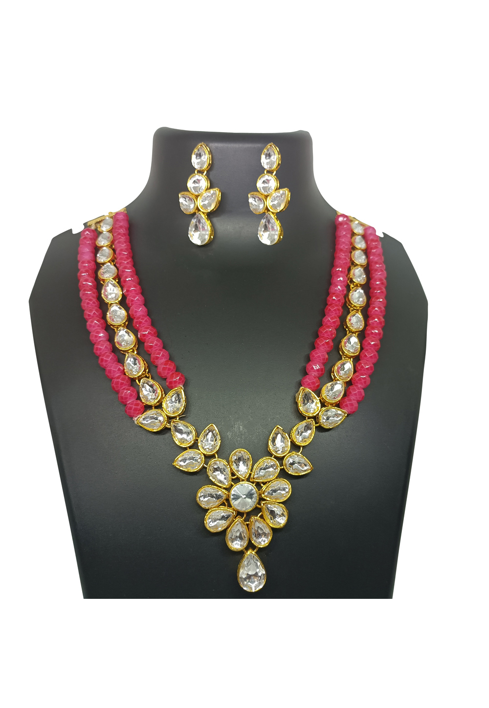 Pink Alloy Austrian Diamond Necklace Set With Earrings 251339