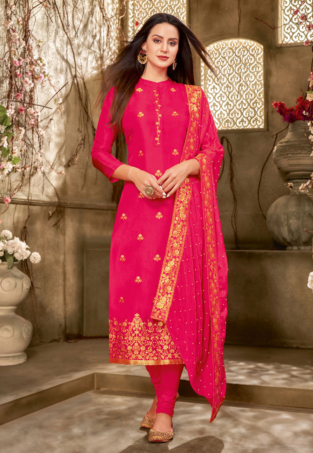 Pink Jacquard Silk Churidar Suit 219020