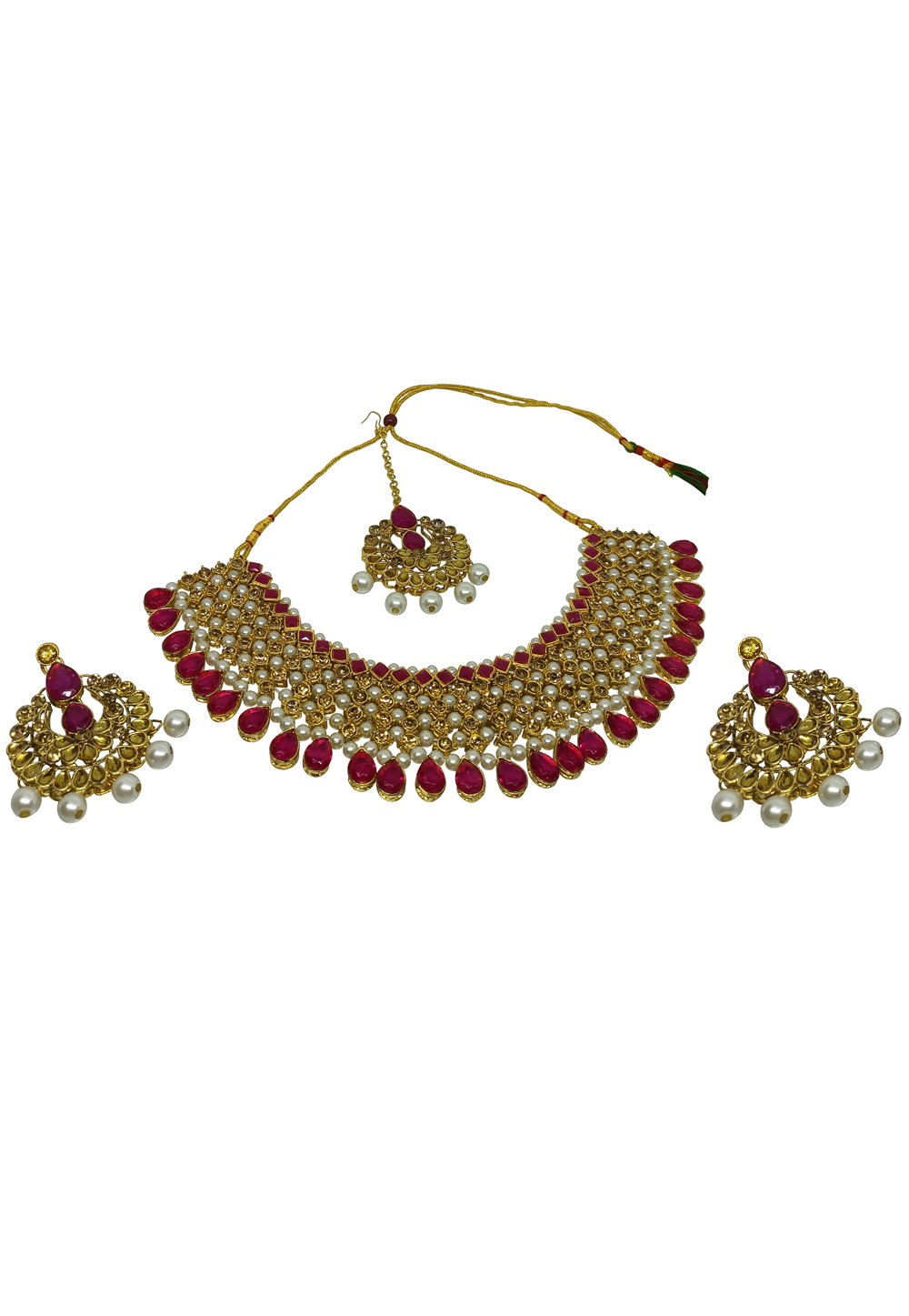 Maroon Alloy Austrian Diamond Necklace Set With Earrings and Maang Tikka 251340