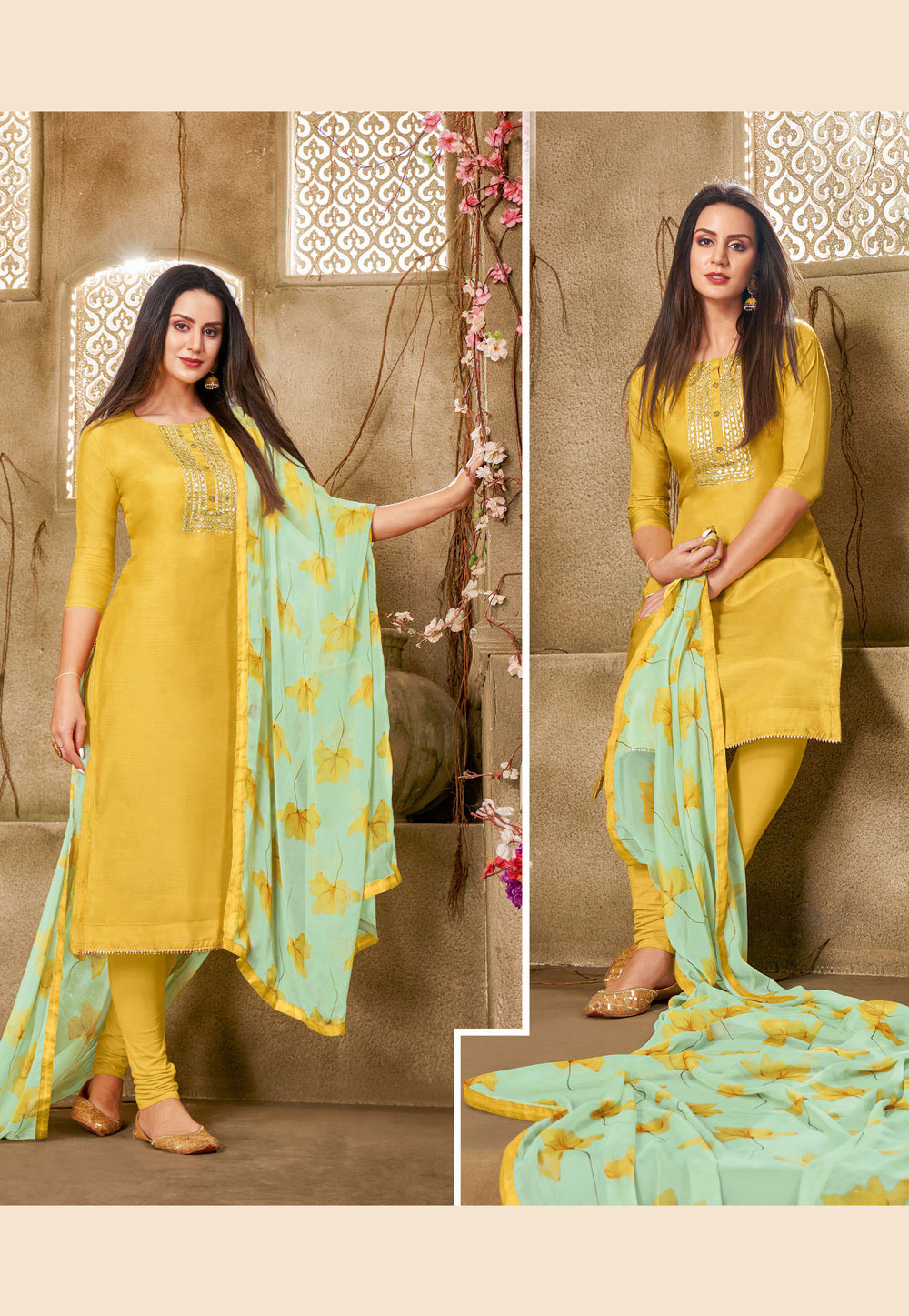 Yellow Chanderi Cotton Churidar Salwar Kameez 219021