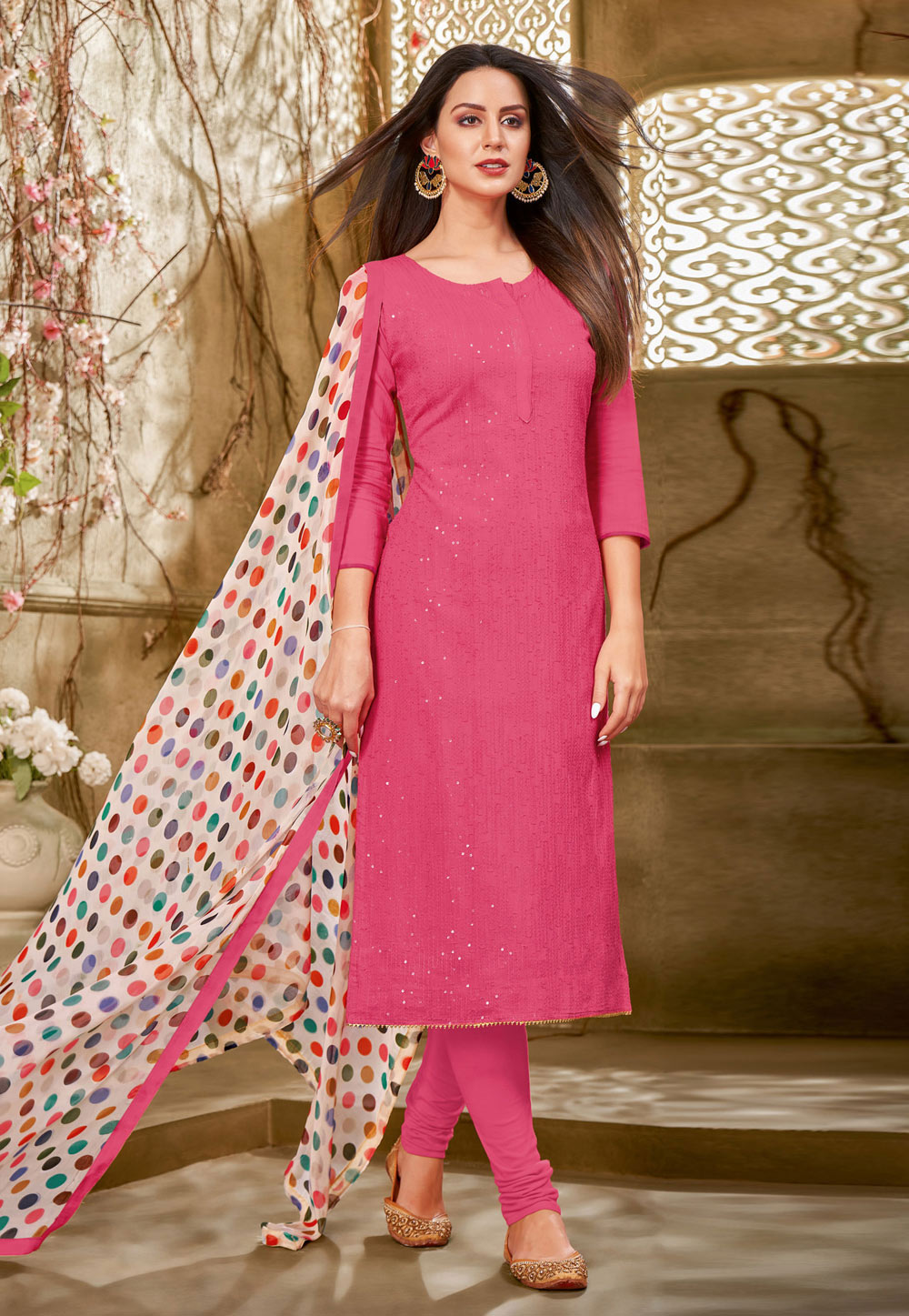 Pink Chanderi Cotton Churidar Salwar Kameez 219023