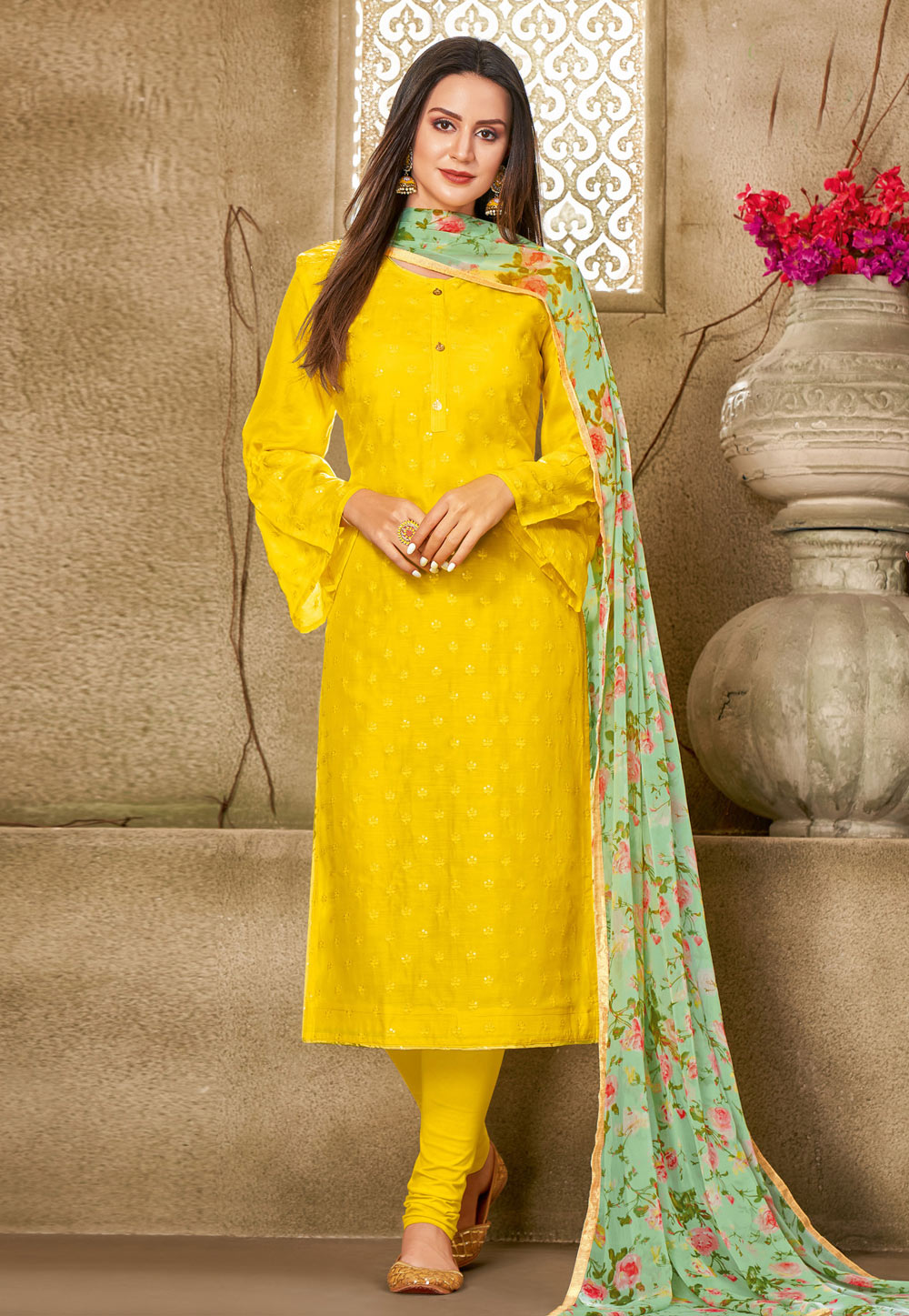 Yellow Chanderi Cotton Churidar Suit 219026