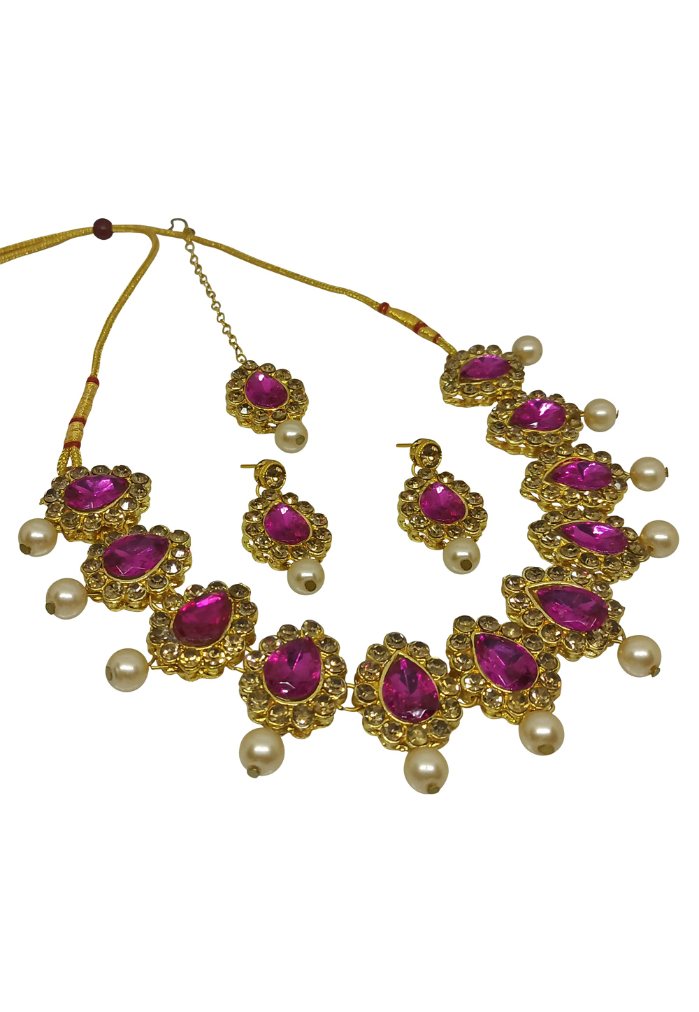 Pink Alloy Austrian Diamond Necklace Set With Earrings and Maang Tikka 251341