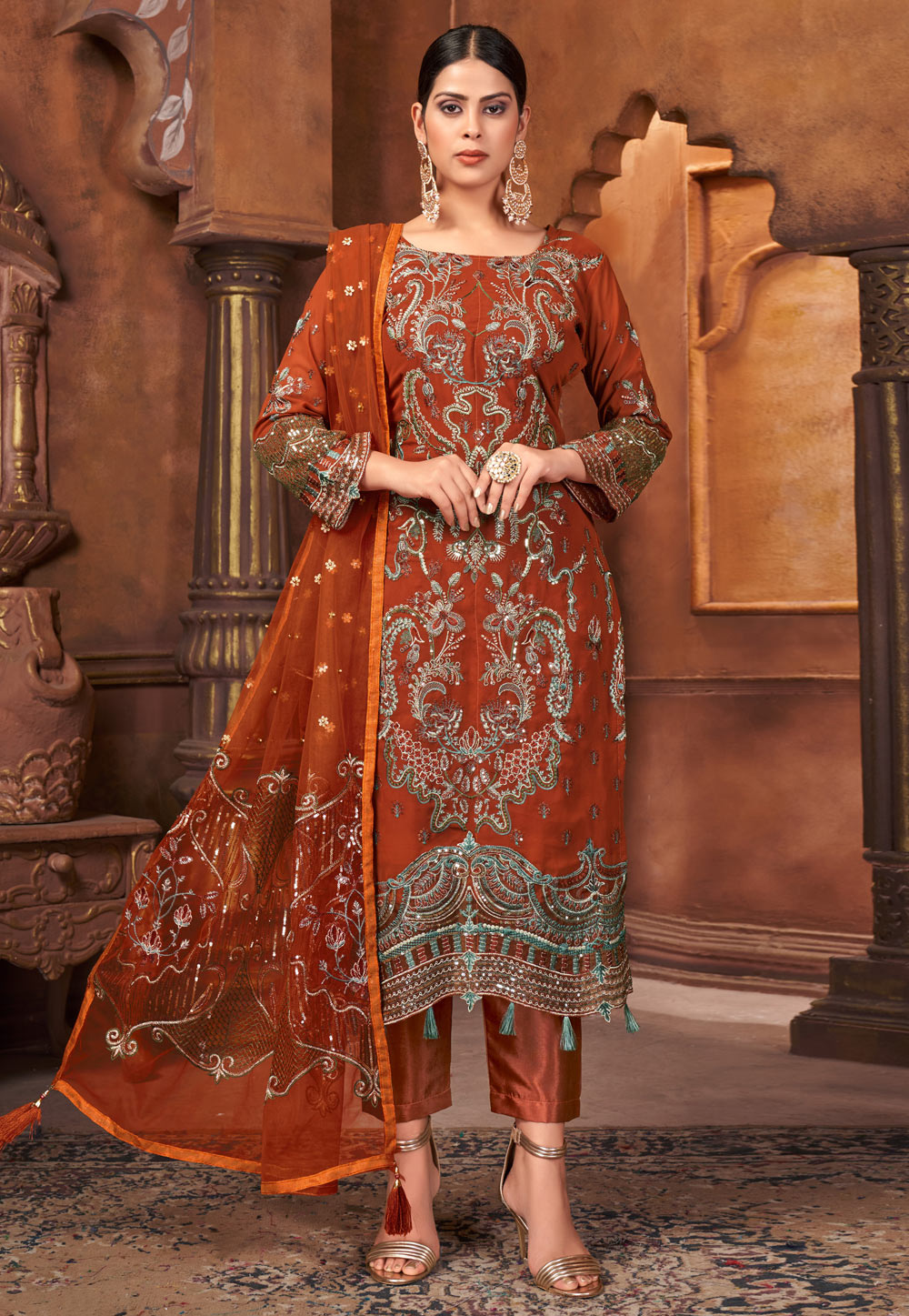 Rust Faux Georgette Kameez With Pant 245052