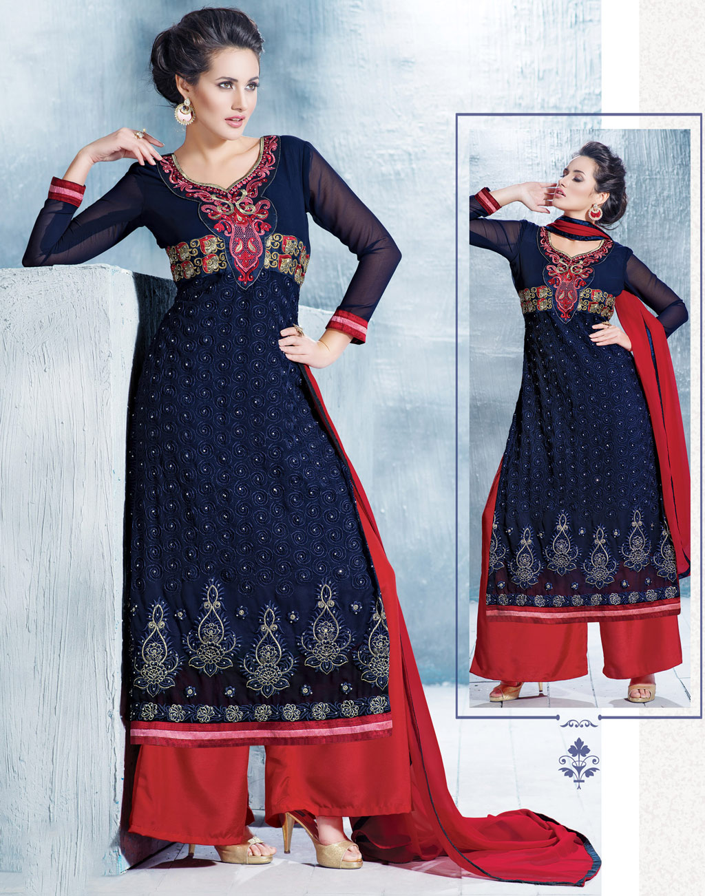 Navy Blue Georgette Kameez With Palazzo Pant 57618