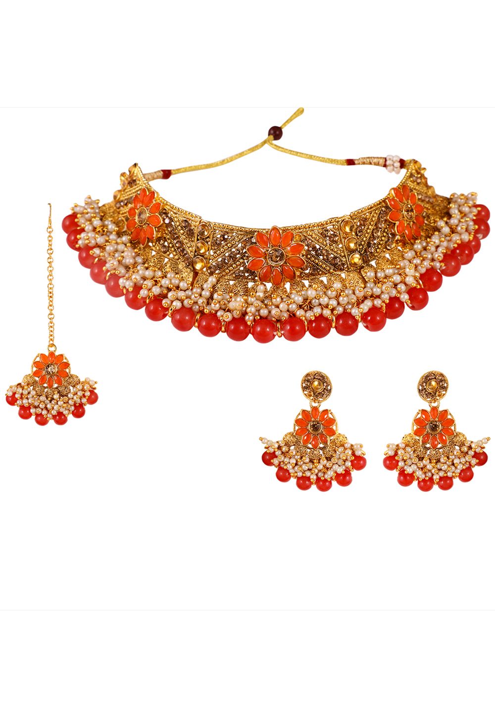 Red Alloy Artificial Stone Necklace Set With Earrings and Maang Tikka 254206
