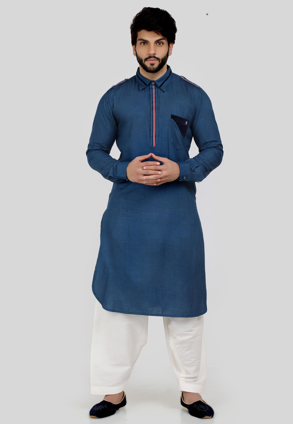 Blue Poly Silk Pathani Suit 219519