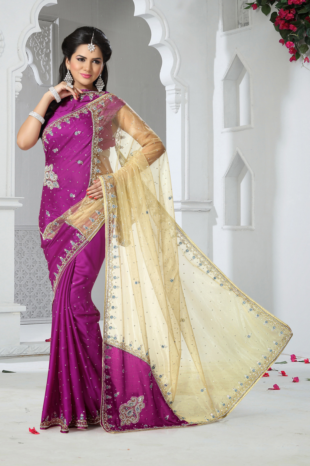 Purple Satin Chiffon Wedding Saree 43919