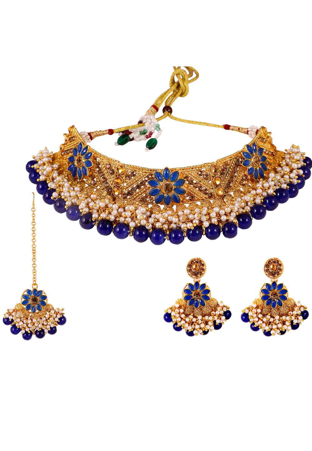 Blue Alloy Artificial Stone Necklace Set With Earrings and Maang Tikka 254207