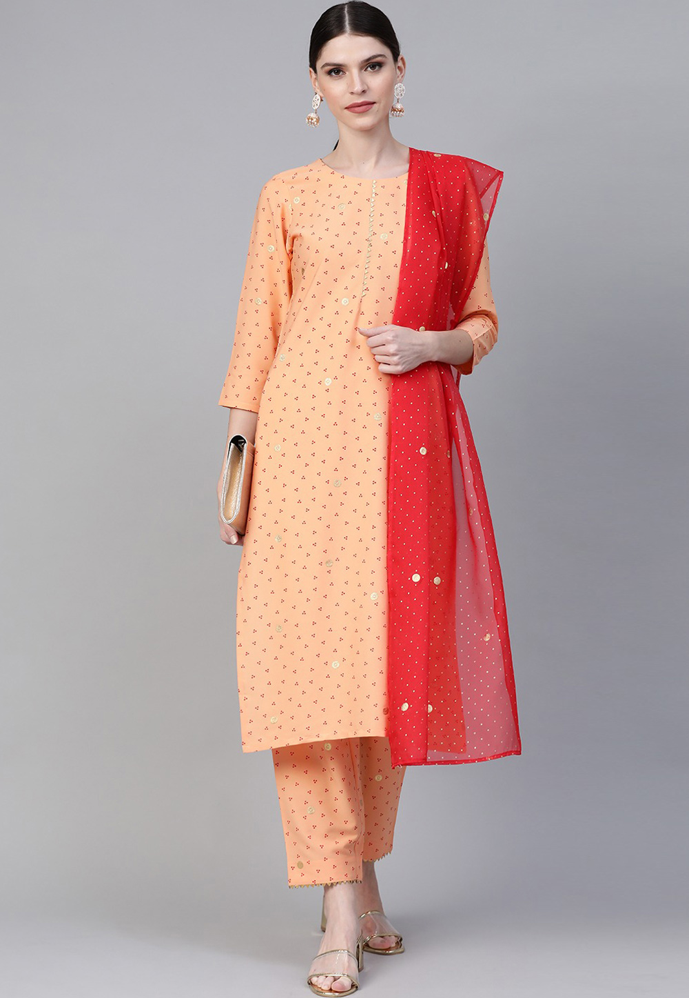 Peach Crepe Readymade Kameez With Pant 208267