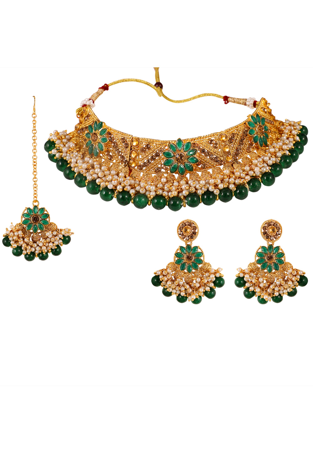 Green Alloy Artificial Stone Necklace Set With Earrings and Maang Tikka 254208
