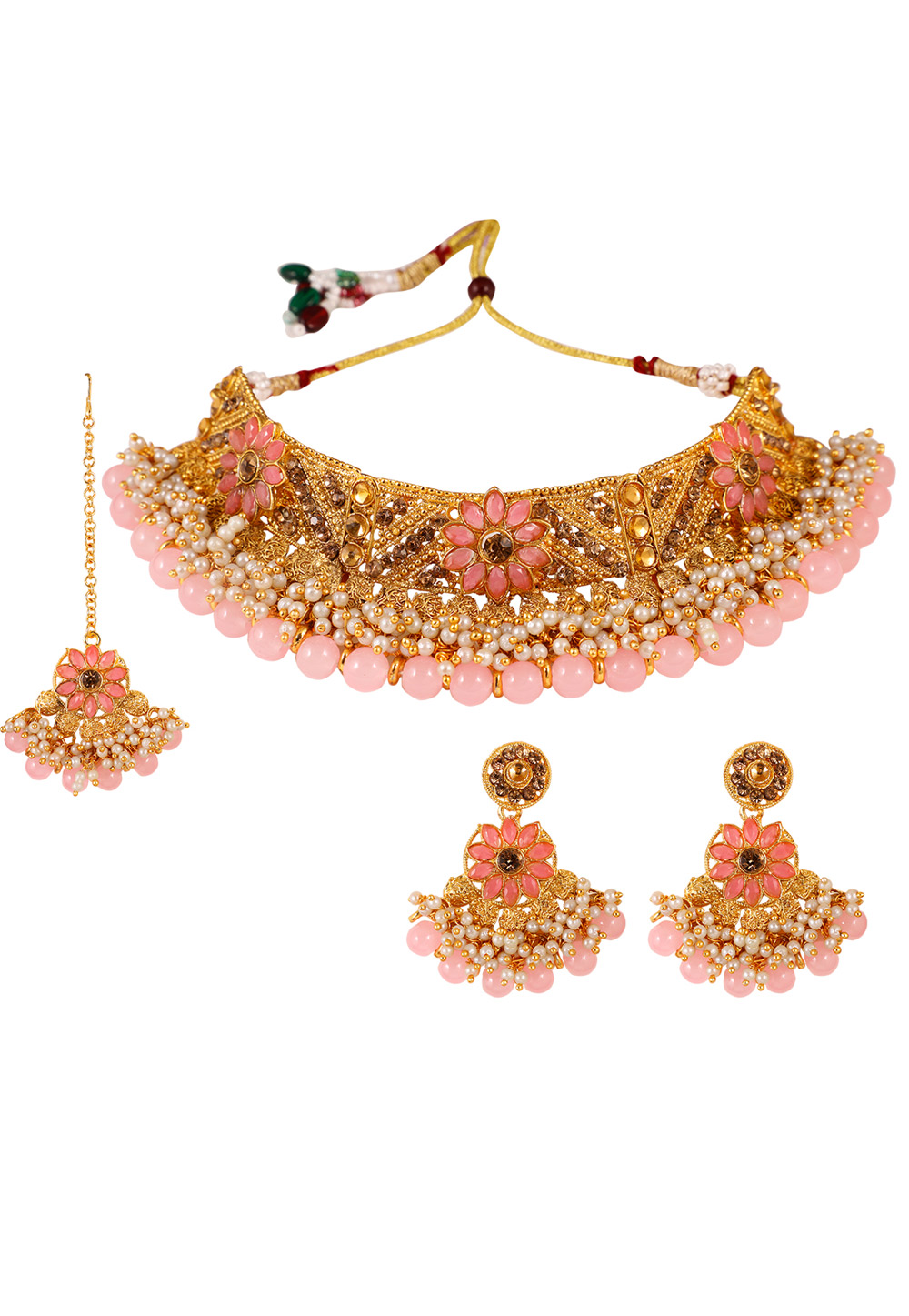 Pink Alloy Artificial Stone Necklace Set With Earrings and Maang Tikka 254209