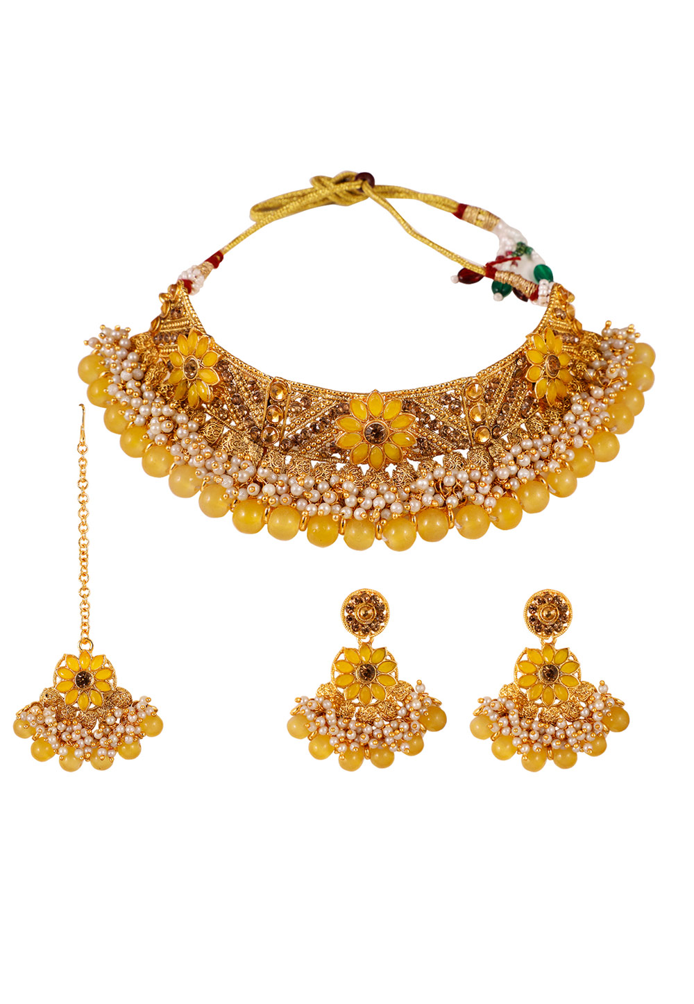 Yellow Alloy Artificial Stone Necklace Set With Earrings and Maang Tikka 254210