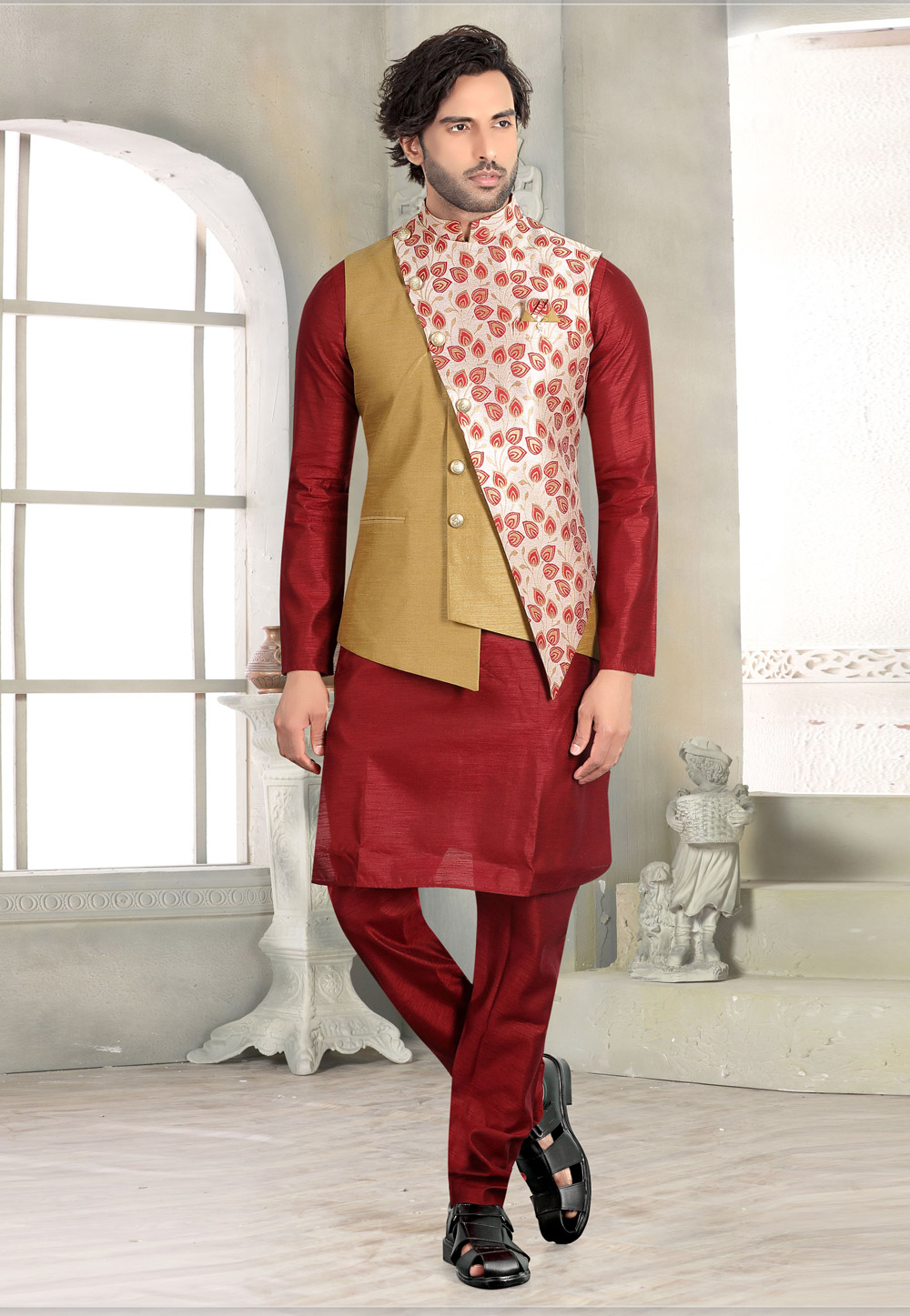 Maroon Silk Kurta Pajama With Jacket 219181
