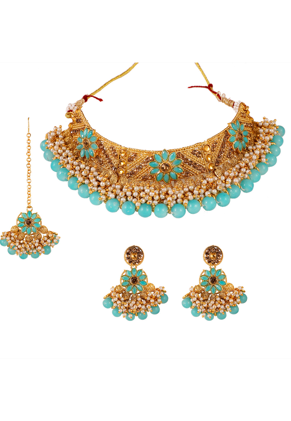 Sky Blue Alloy Artificial Stone Necklace Set With Earrings and Maang Tikka 254212