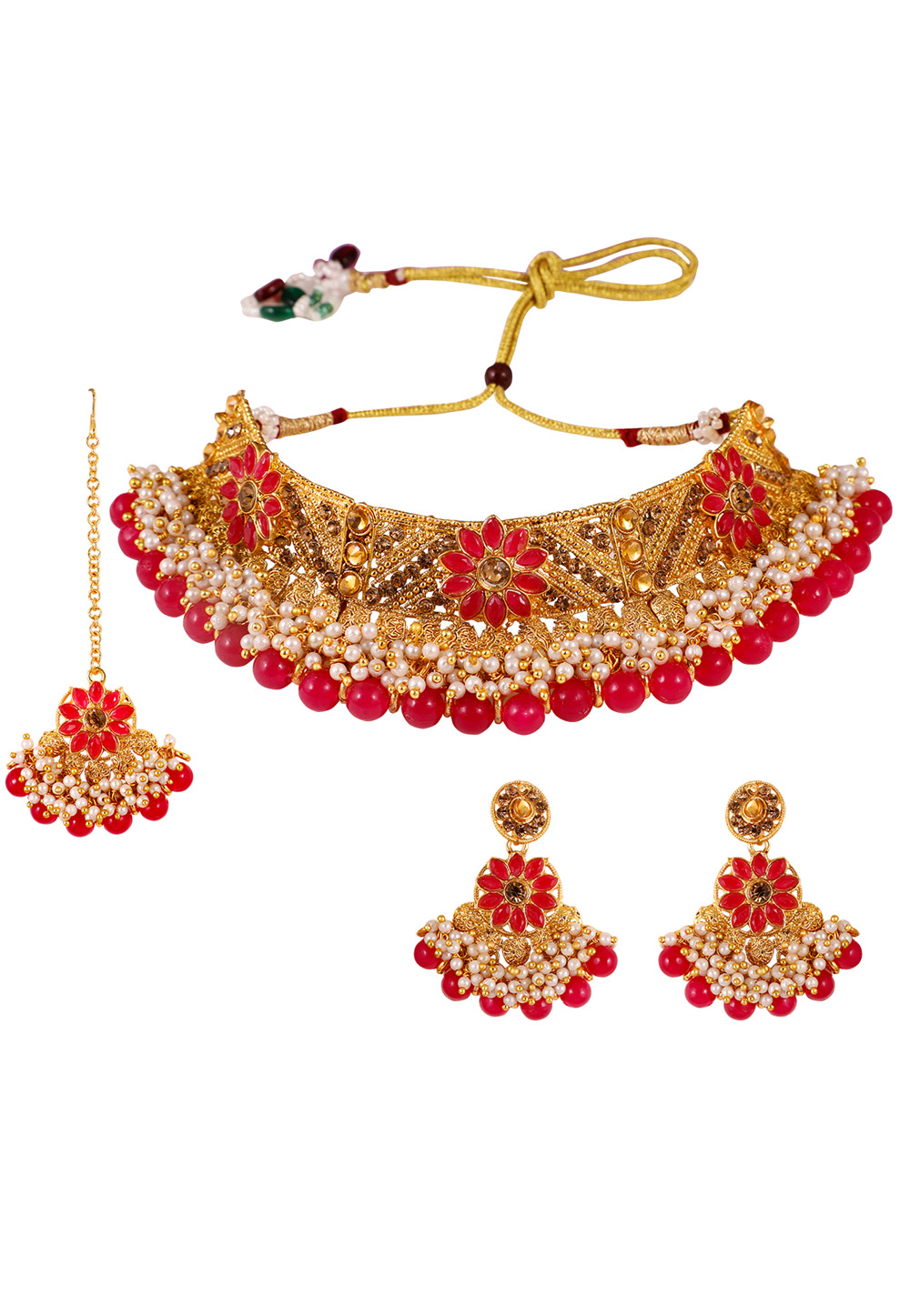 Red Alloy Artificial Stone Necklace Set With Earrings and Maang Tikka 254213