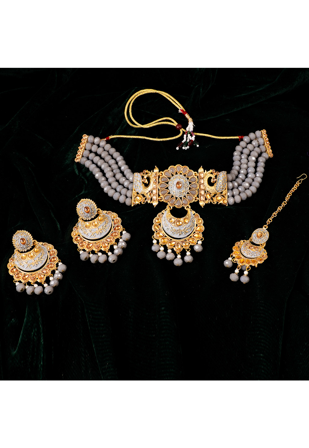 Grey Alloy Artificial Stone Necklace Set With Earrings and Maang Tikka 254214