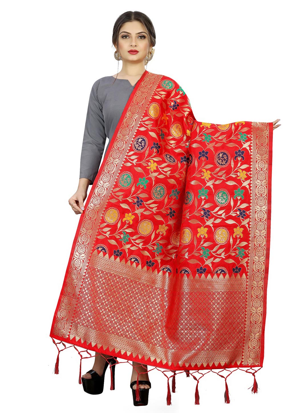 Red Banarasi Silk Dupatta 219246