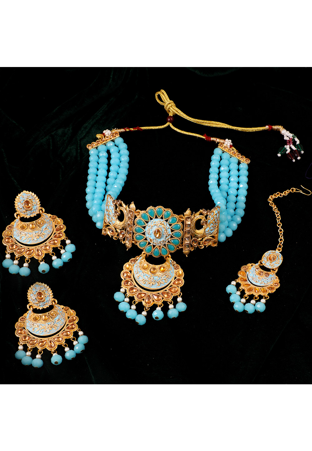 Sky Blue Alloy Artificial Stone Necklace Set With Earrings and Maang Tikka 254215