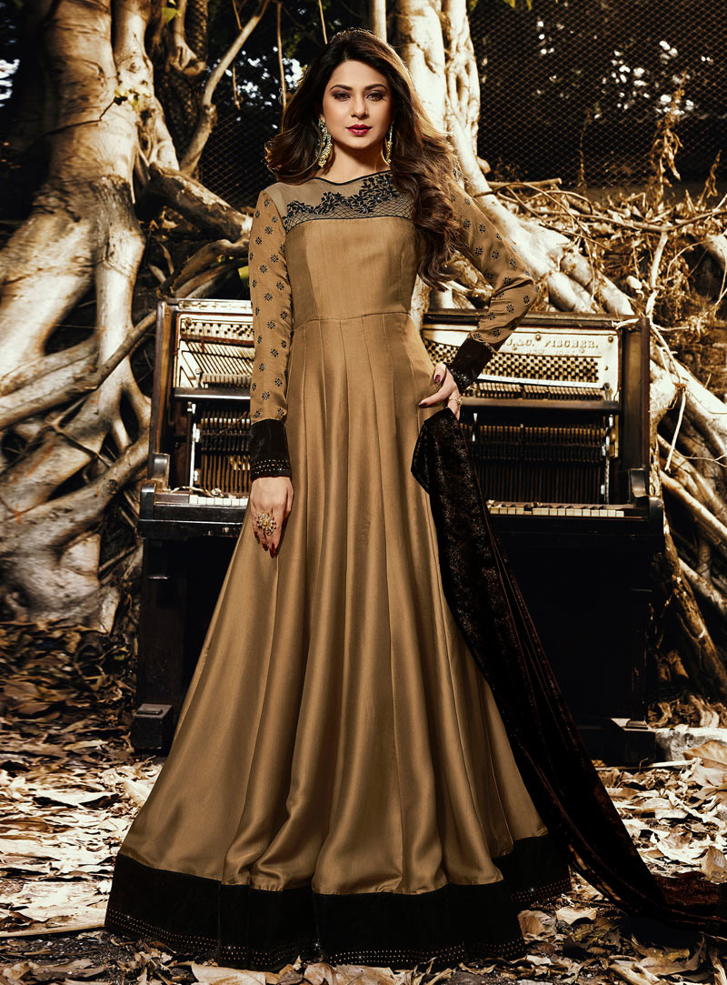 Jennifer Winget Golden Satin Silk Long Anarkali Suit 139953